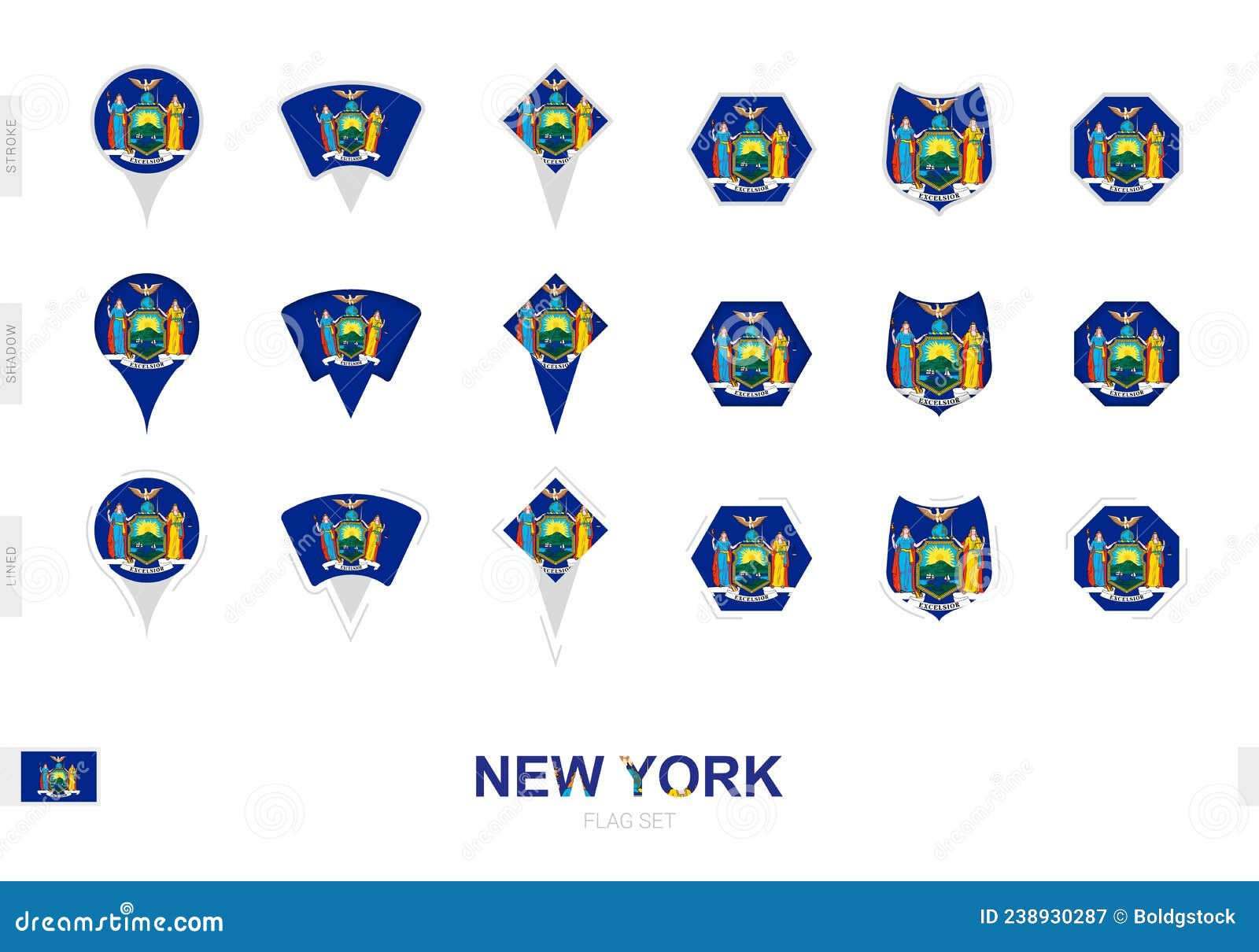 Collection of the New York Flag in Different Shapes and with Three Different Effects Stock