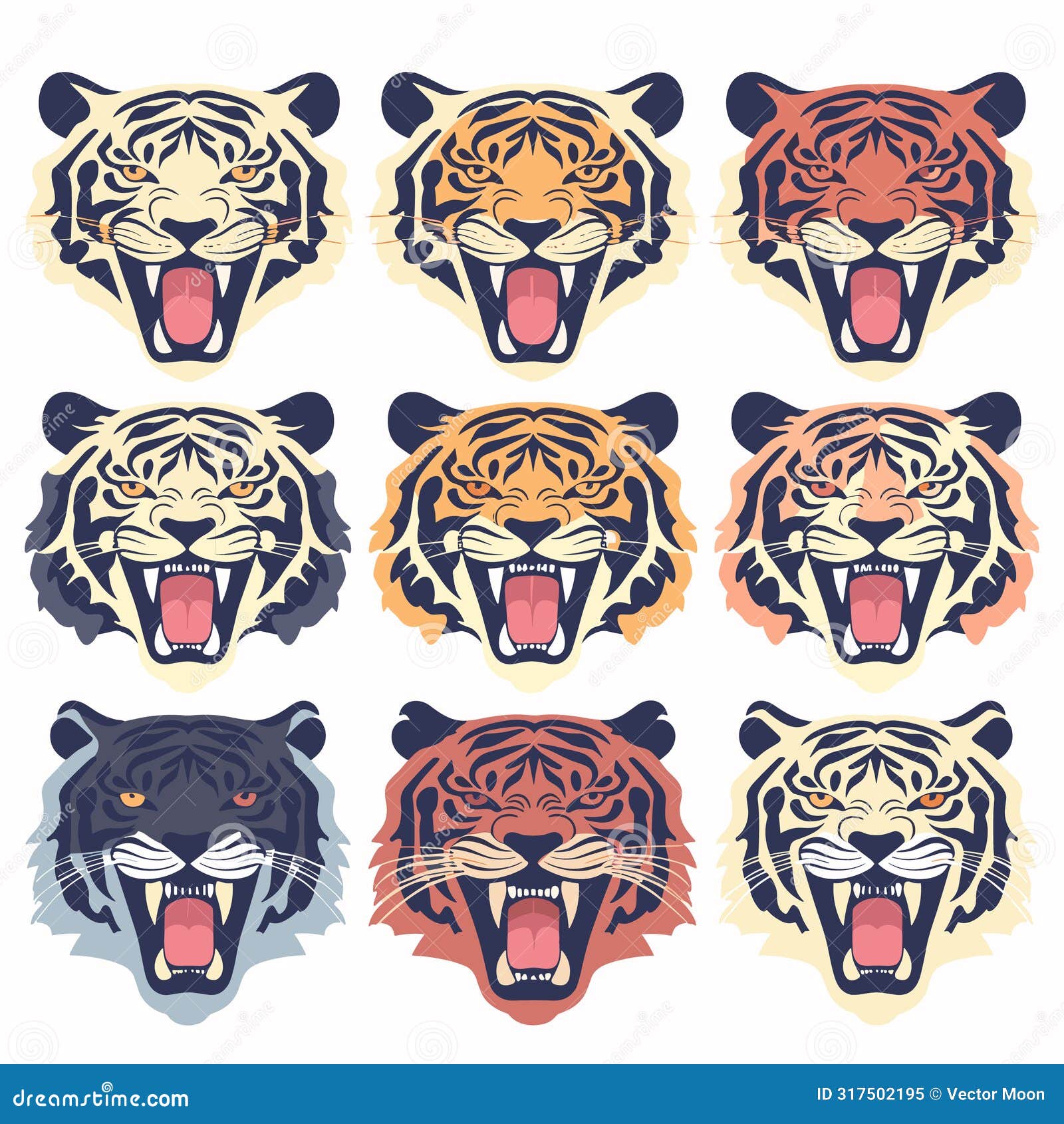 collection nine tiger faces, showcasing different styles colors, tiger exhibits fierce expression
