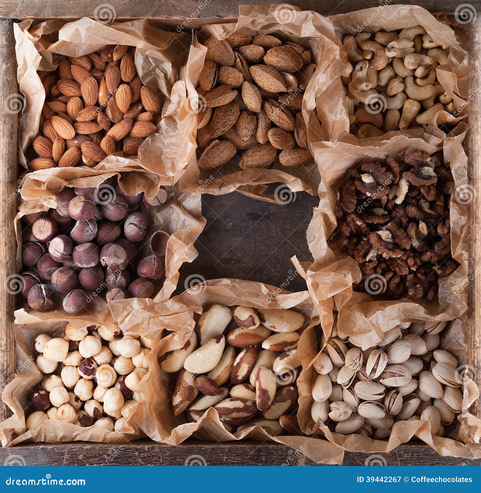 Collection of Nuts in a Wooden Box. Stock Image Image of background