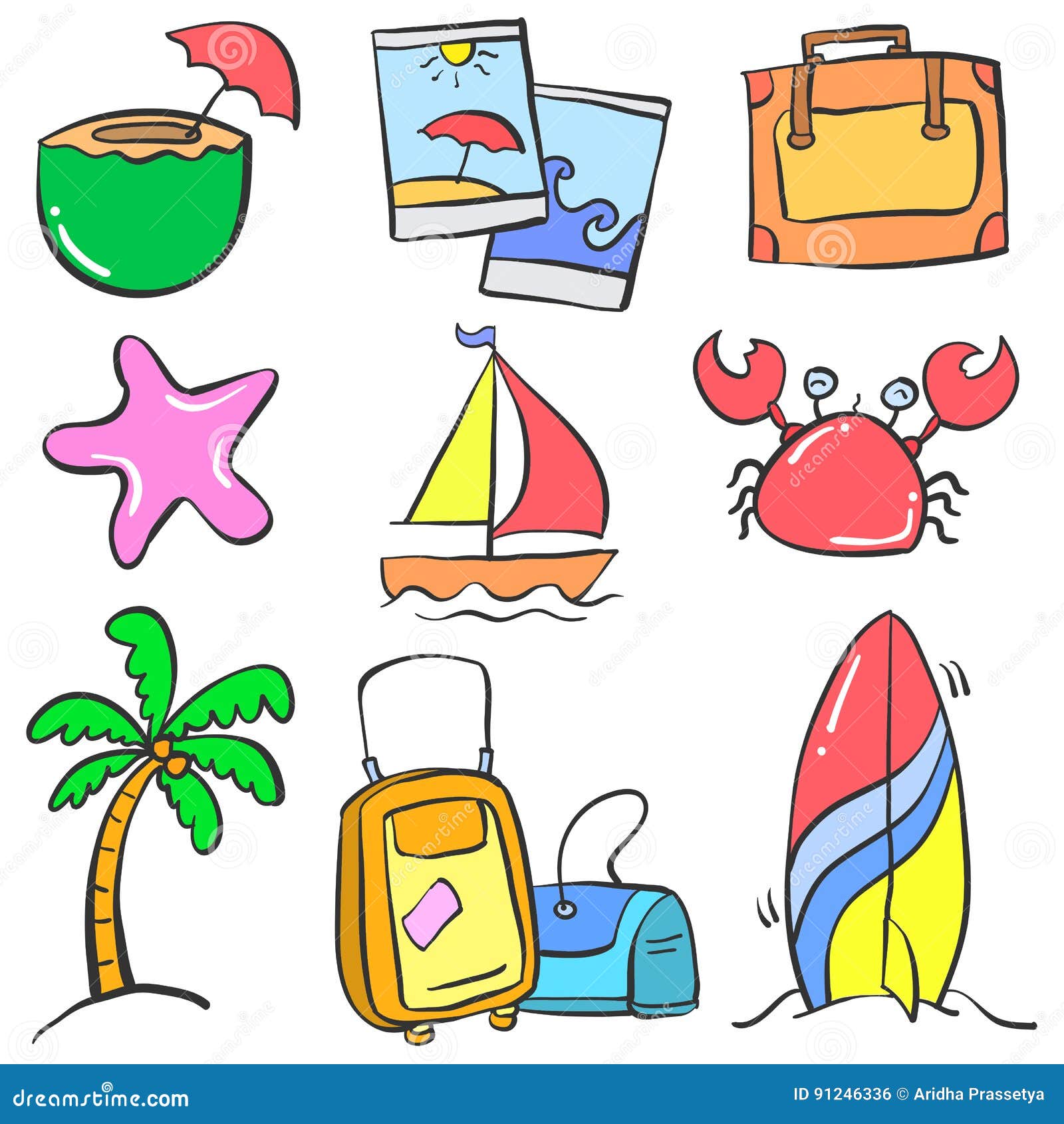 Collection Object Summer Holiday Colorful Doodles Stock Vector ...