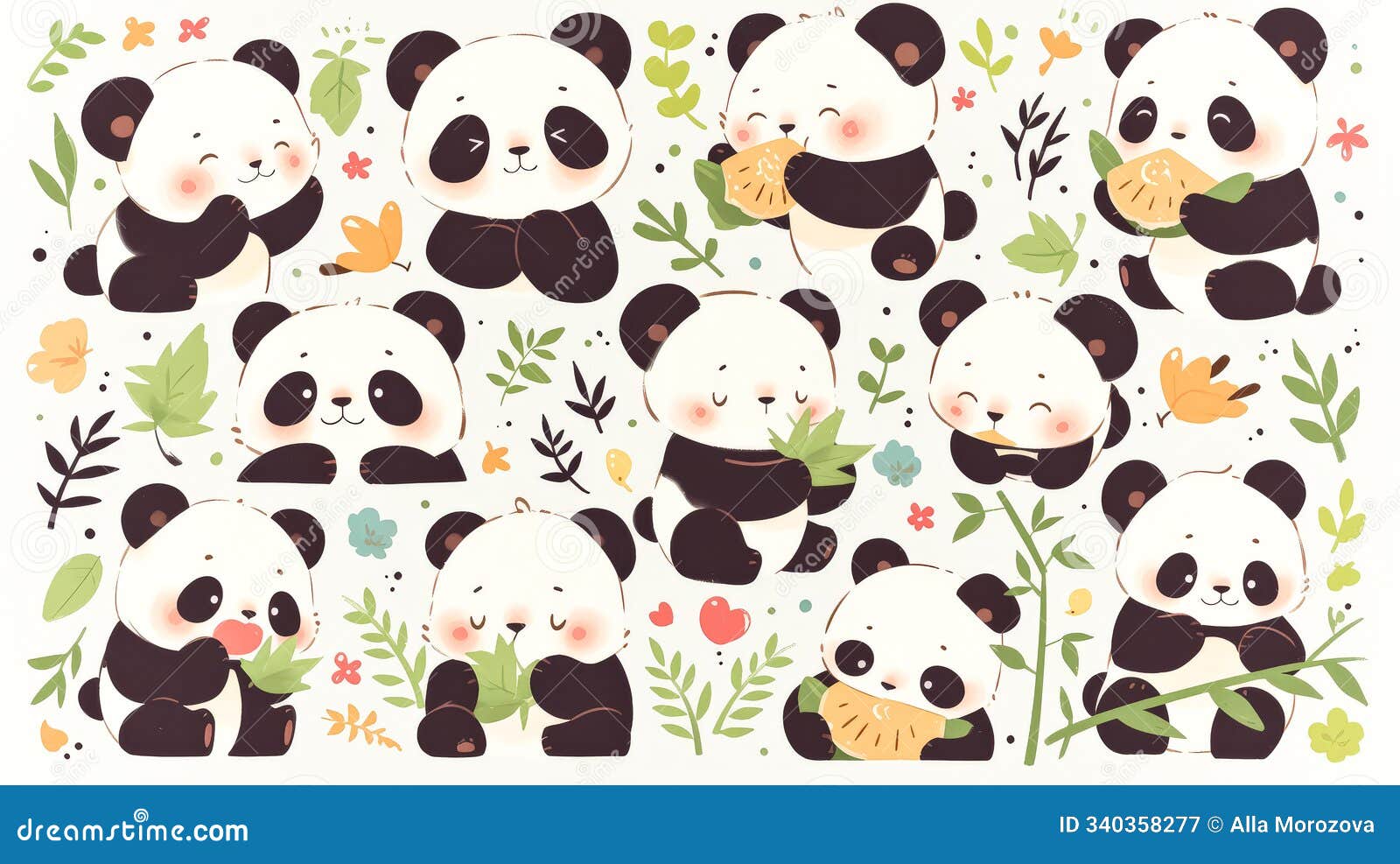 collection of panda bears in various poses, some holding leaves