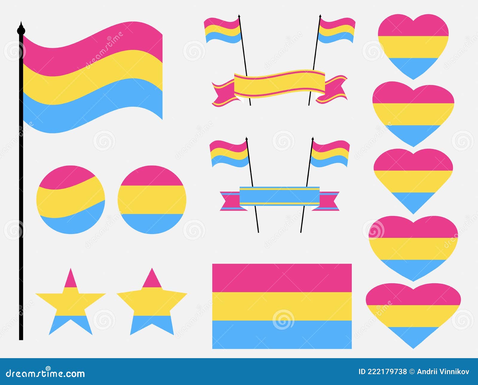 Collection of Pansexual Flag Symbols. Hearts, Stars and Circles with ...