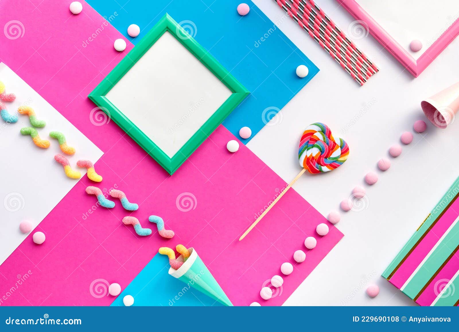 Sweets on Geometric Celebration Decor Background. Birthday Decorations.  Chocolate, Candy and Rainbow Lollipop Swirl Stock Photo - Image of deco,  ball: 229690108