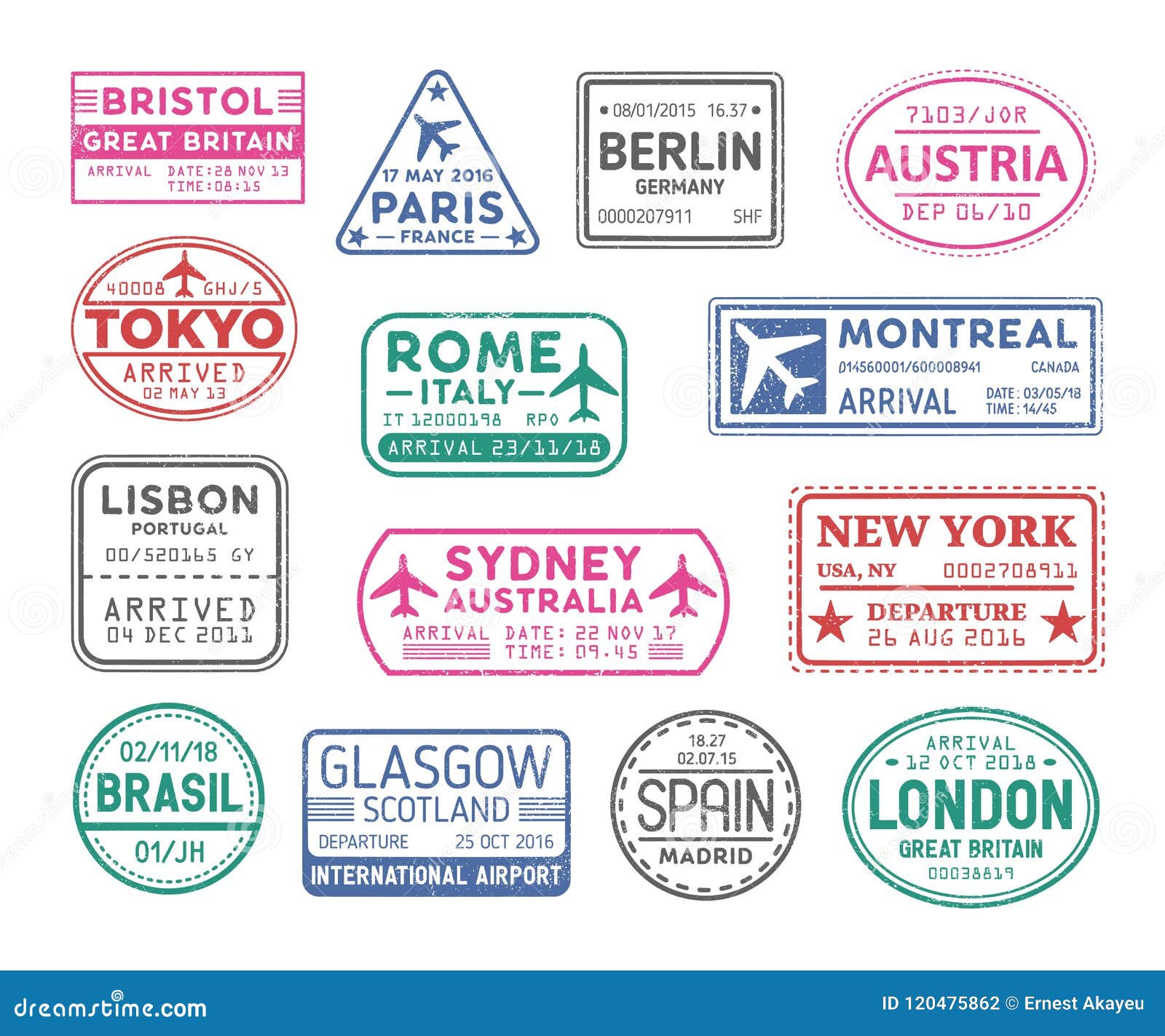 collection of passport visa stamps  on white background. bundle of travel or touristic marks. set of round