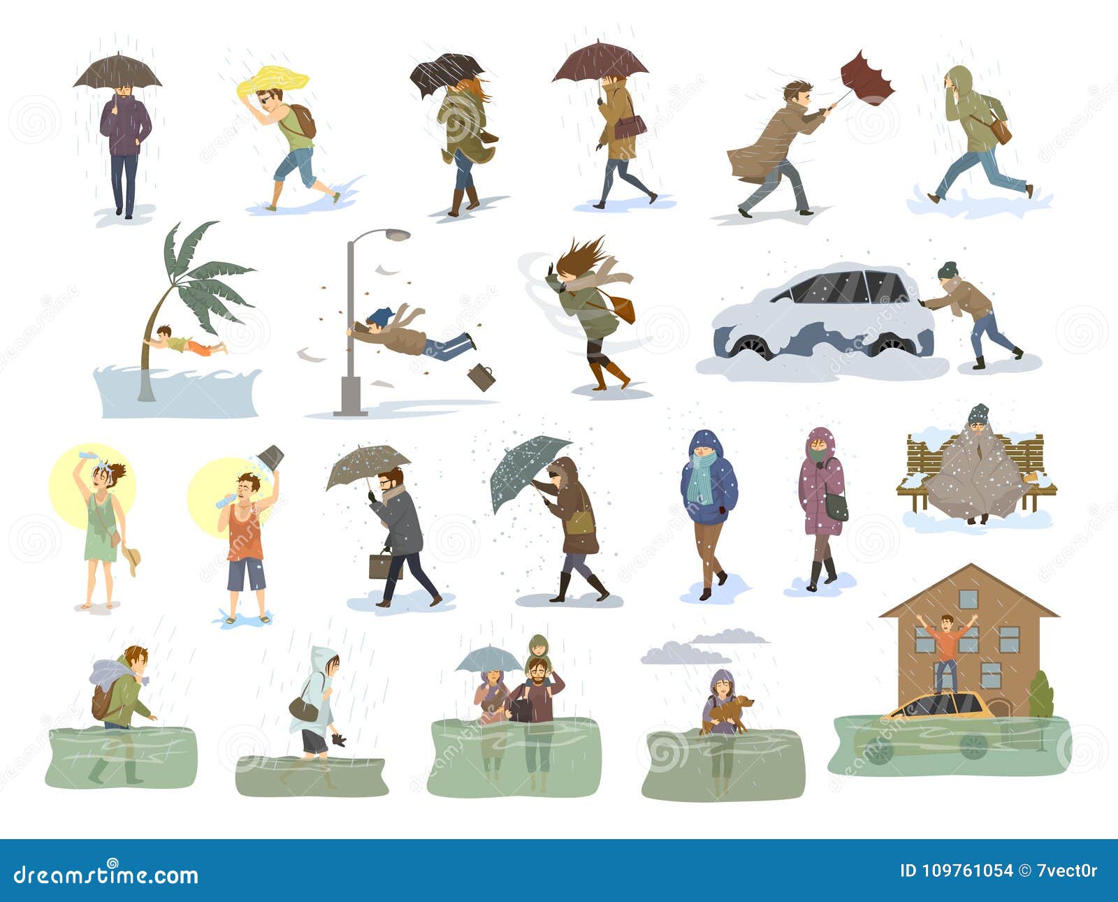 collection of people coping with bad severe meteorological weather conditions disasters like extreme heat and cold, hurricane, str