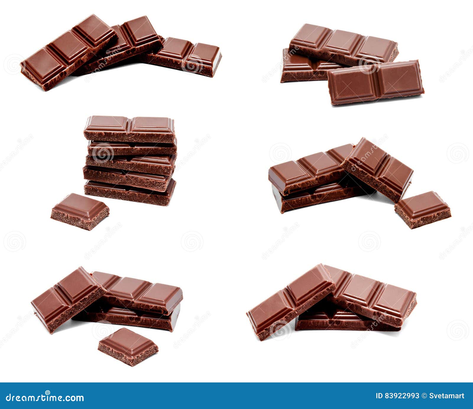 Collection of Photos Dark Milk Chocolate Bars Stack Isolated Stock