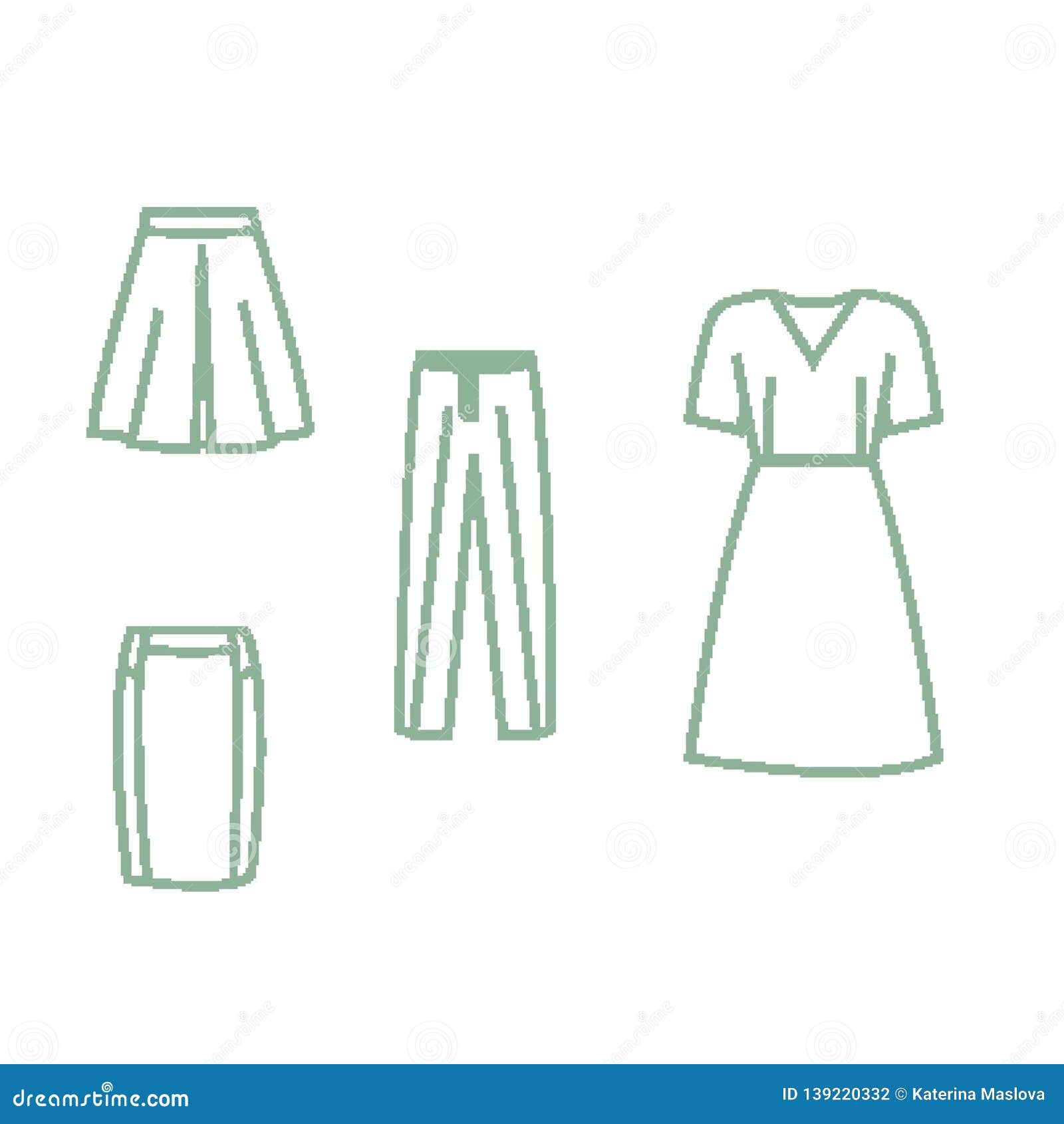 collection of pixel art icons of clothes basic wardrobe.