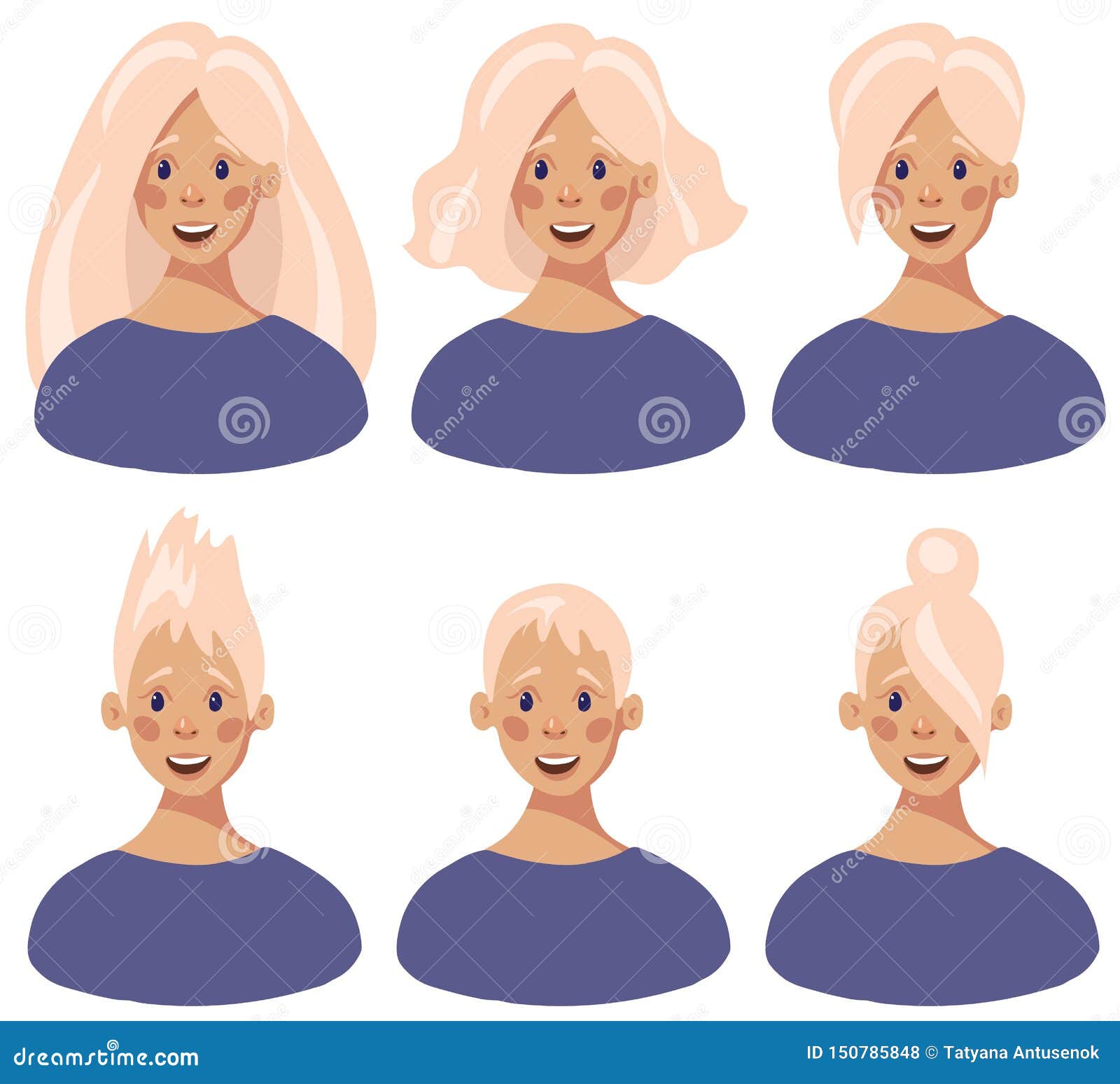 Set Of Female Faces With Different Hair Styles In Flat