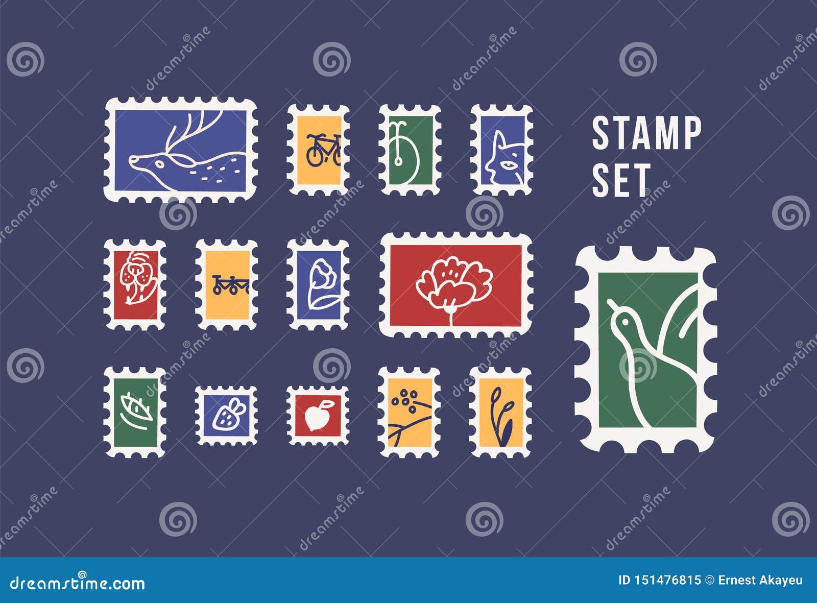 collection of postage stamps with animals, birds, flowers and fruits  on dark background. philately set. bundle