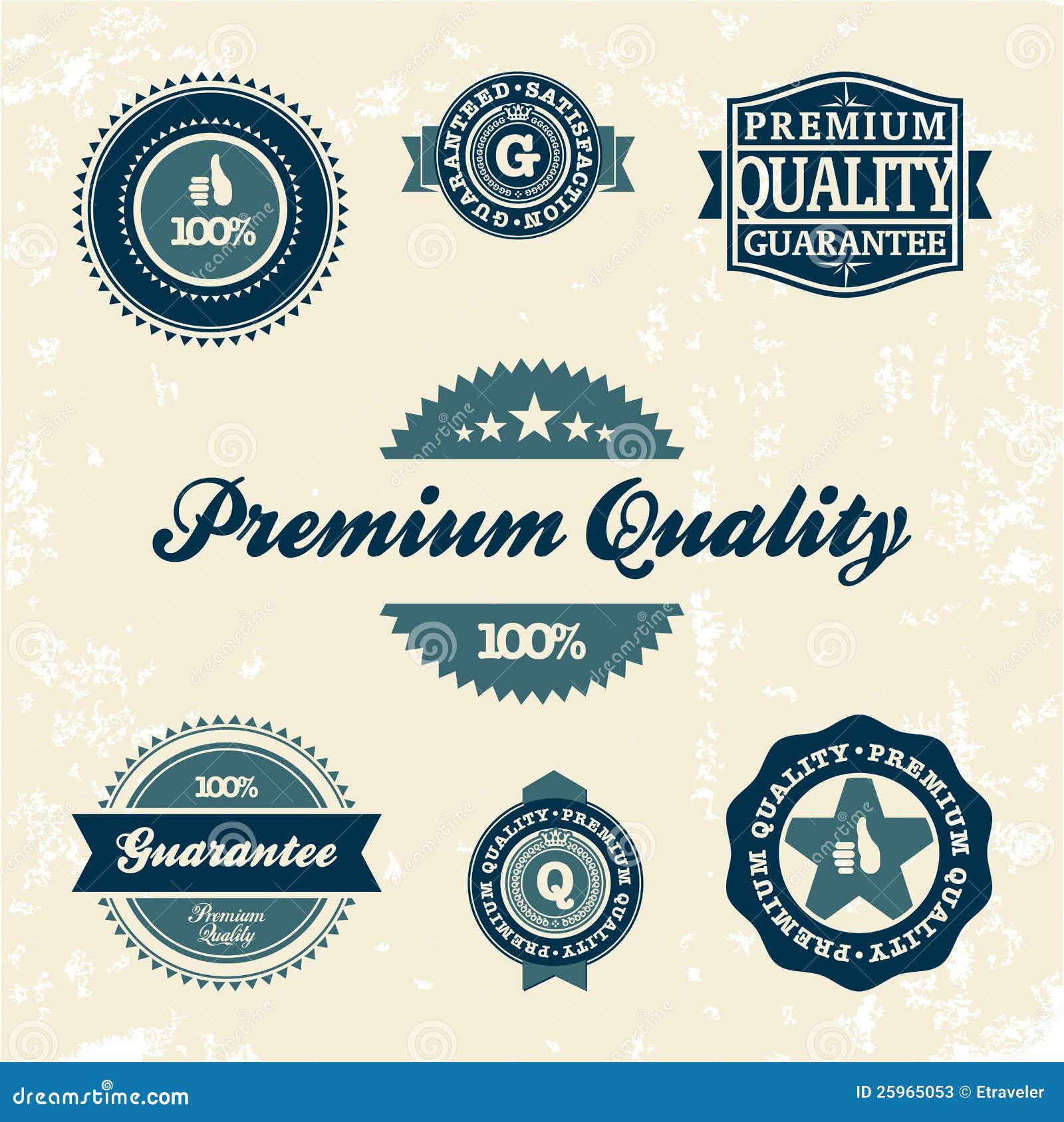 Collection of Premium Quality and Guarantee Labels retro vintage style design. 100 Premium Quality Guarantee vector sign set.