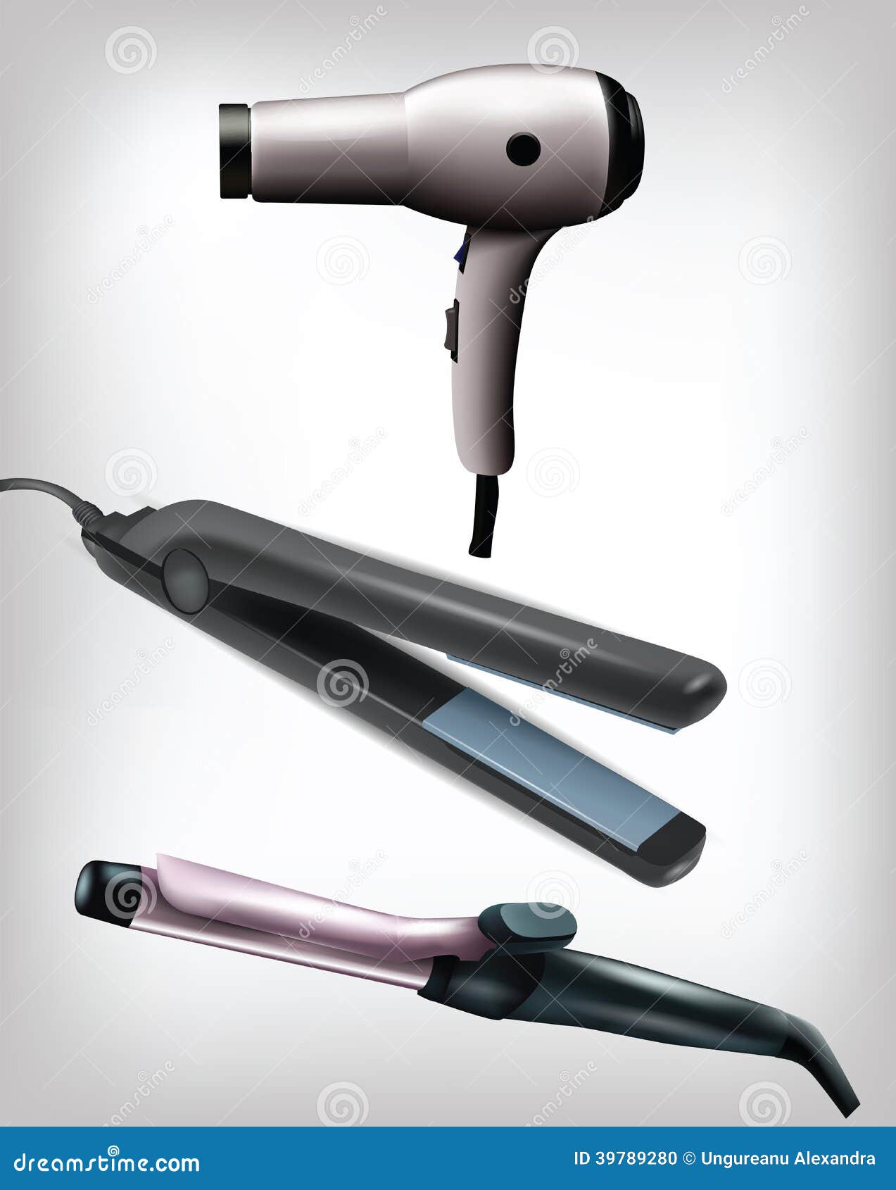 Collection of Realistic Flat Iron, Curling Iron and Hair Dryer Stock Vector  - Illustration of haircutting, balladry: 39789280