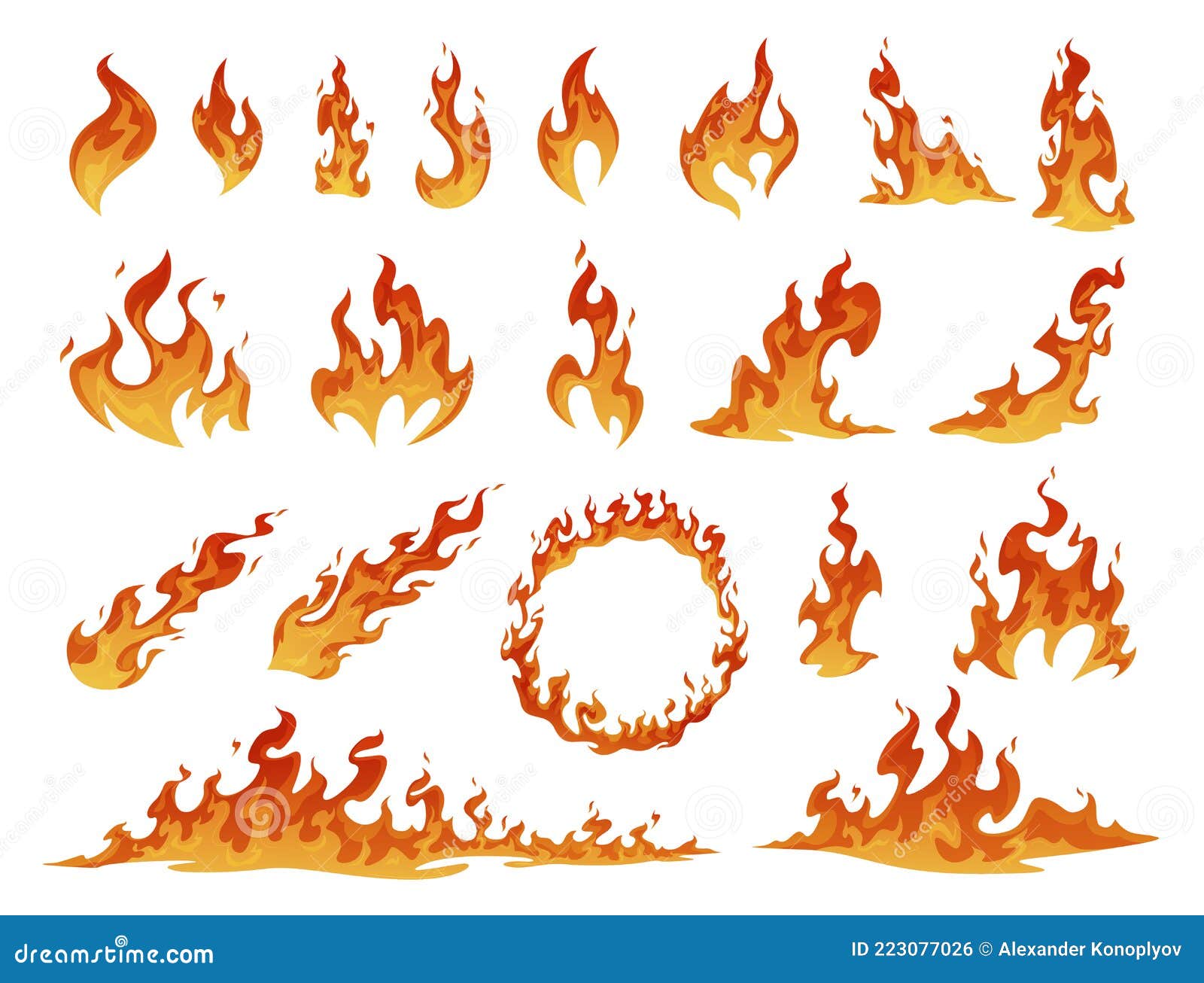 collection of red and orange cartoon fire flame . flammable fireball, circle, inferno light