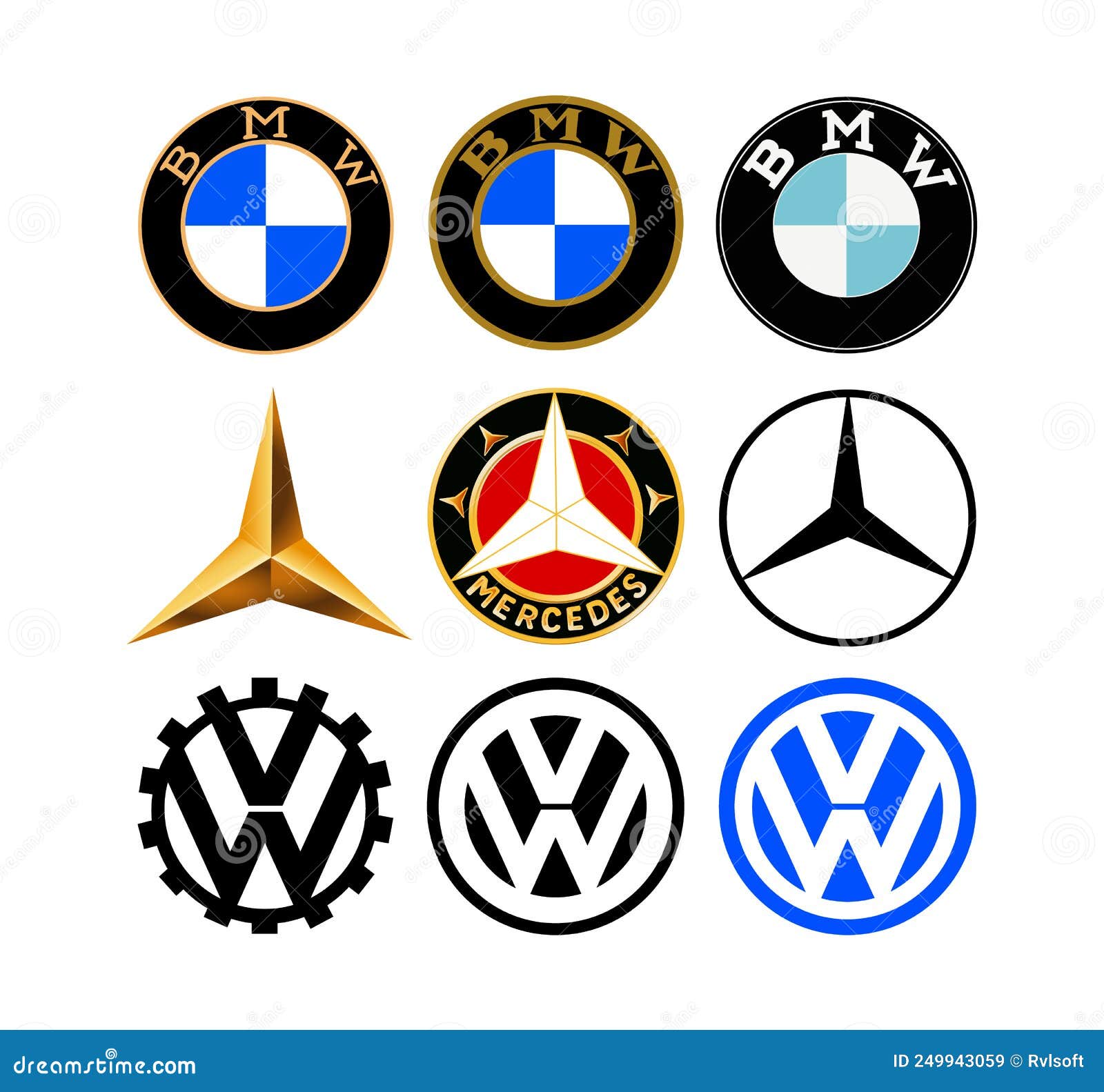German cars logo company set: BMW, Audi, Mercedes, Volkswagen, Opel.  Isolated Germany car emblem on white background. Editorial illustration.  Stock Vector
