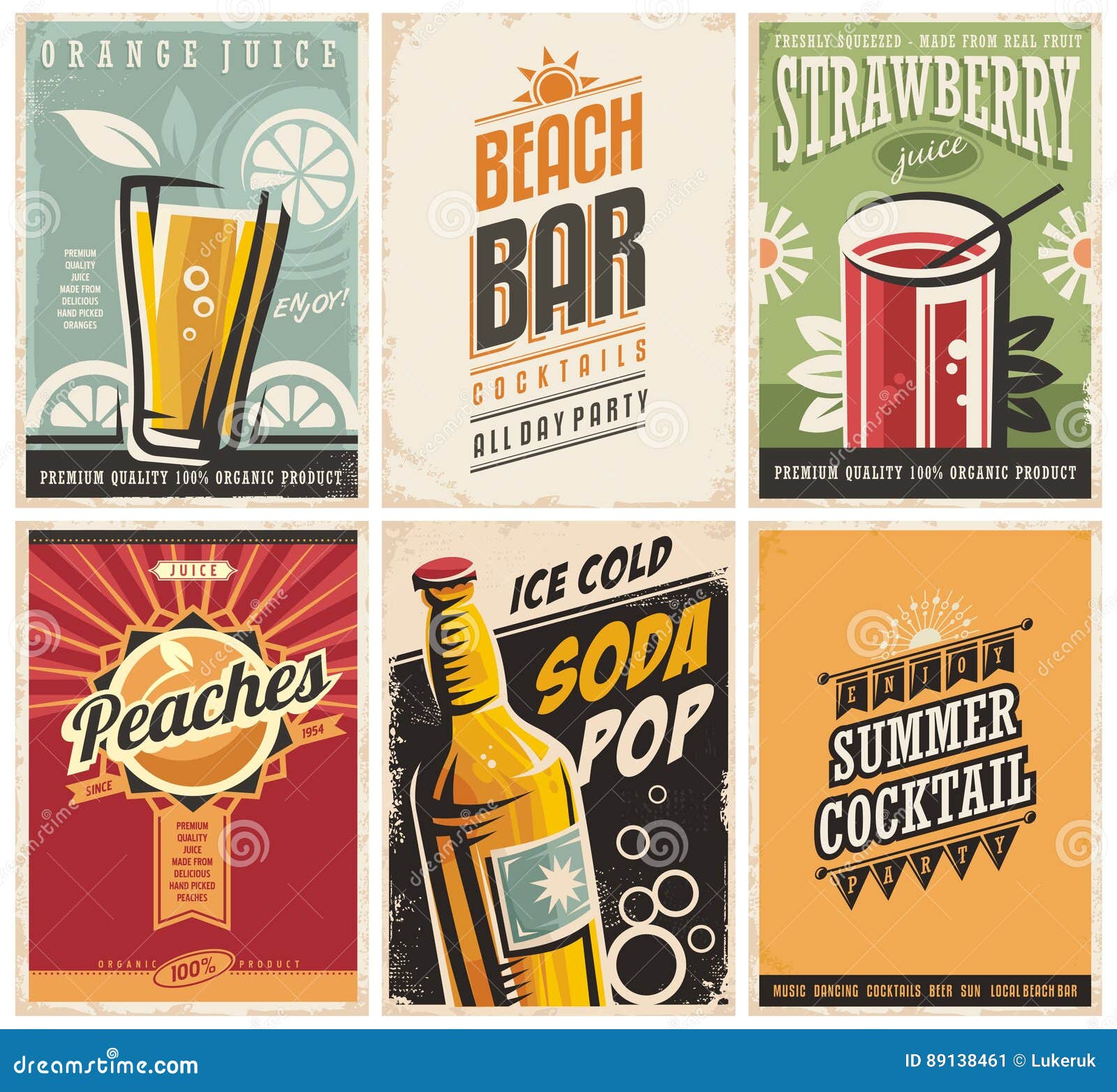 collection of retro posters with organic juices and popular drinks