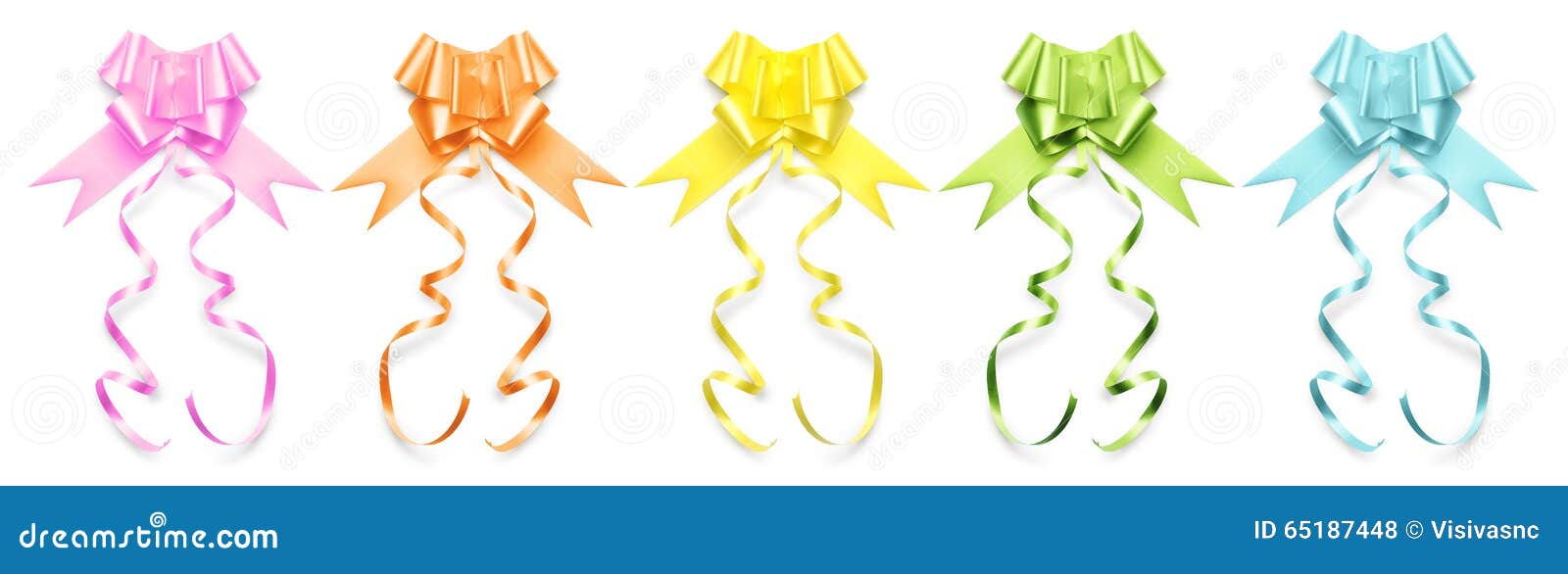 Collection of Ribbons Bows in Shiny Colors on White Background Stock