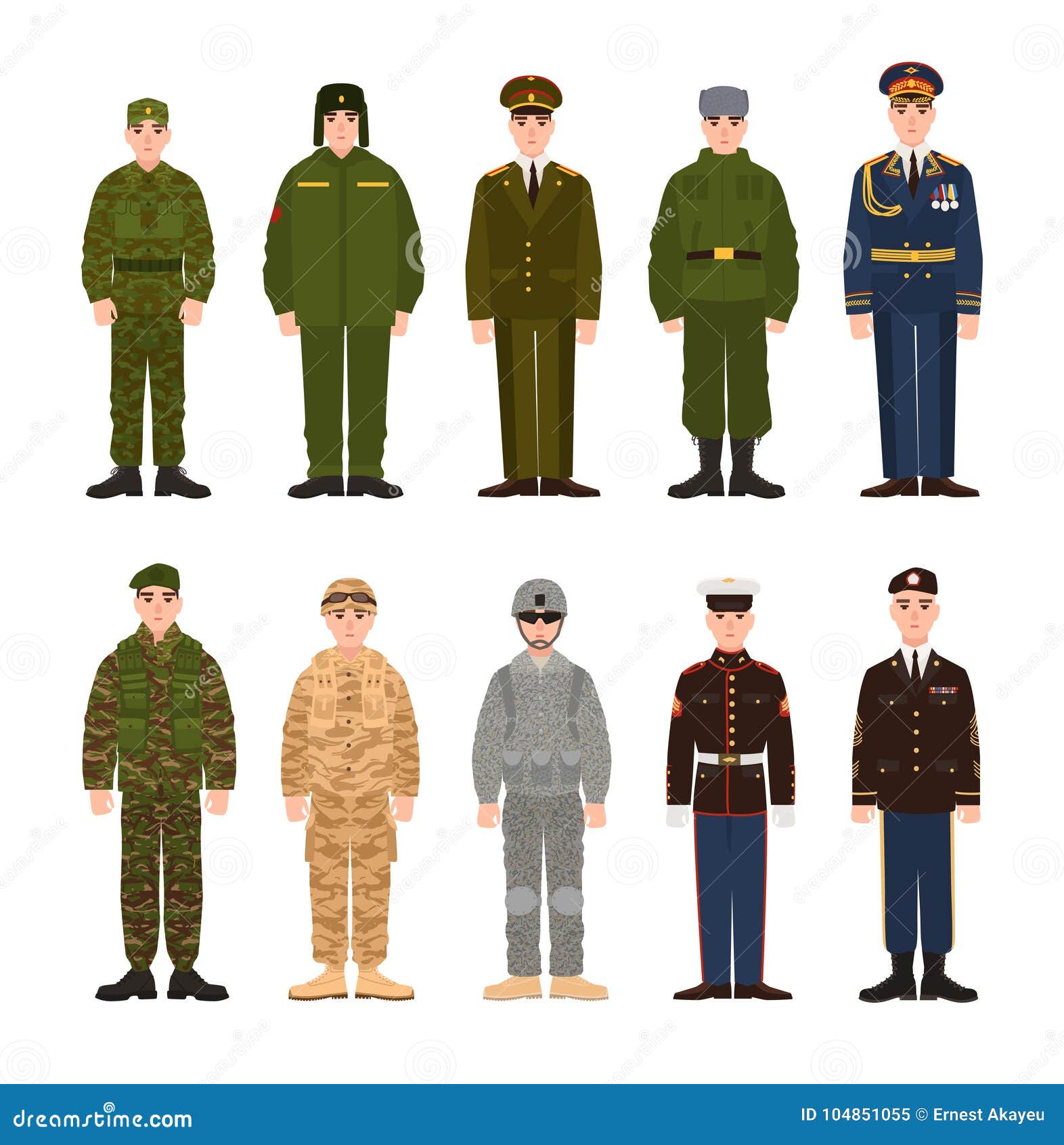 collection of russian and american military people or personnel dressed in various uniform. bundle of soldiers of russia