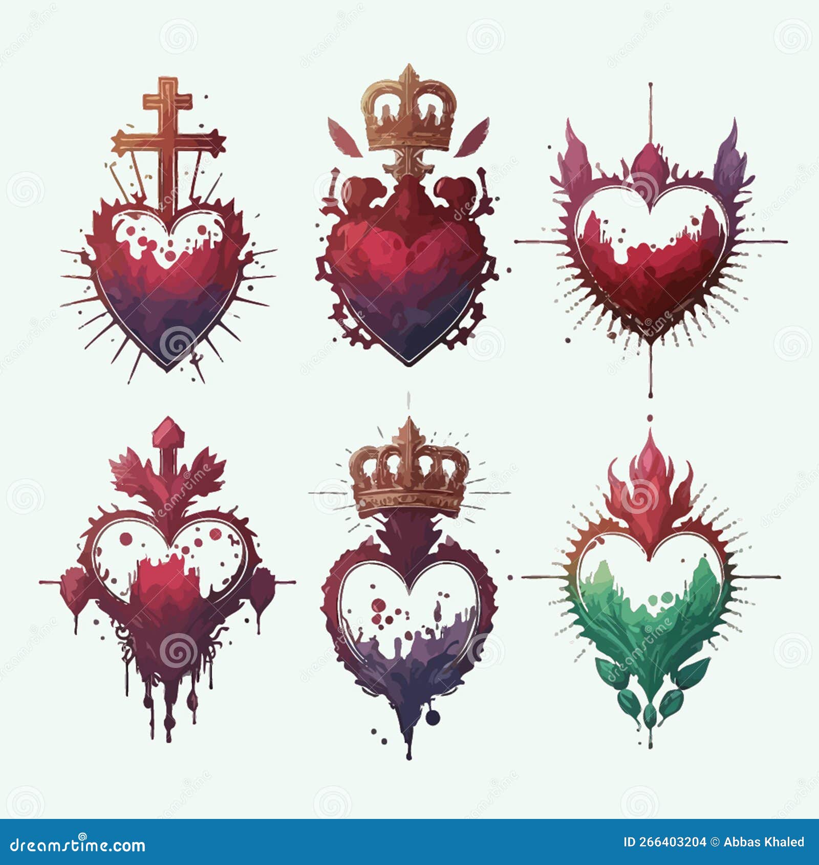 Collection of Sacred Hearts in Watercolor Style Stock Vector