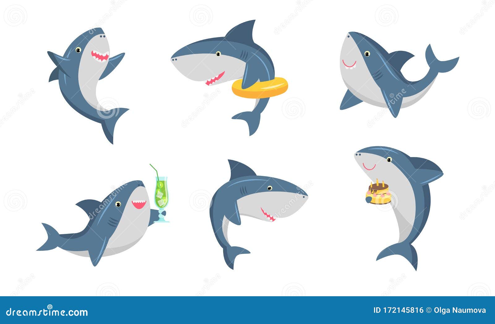 Set of Cute Humanized Shark in Different Life Situations. Vector ...