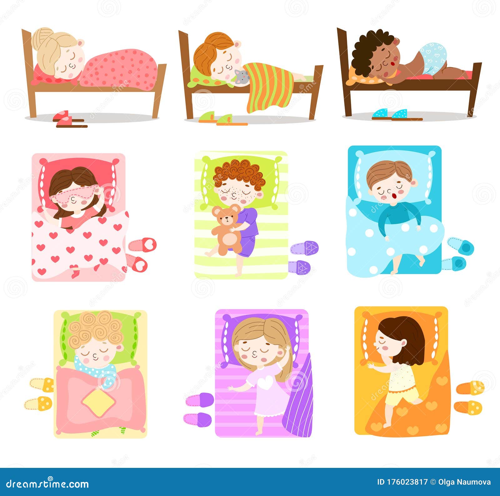 Set of Little Boys and Girls Sleeping in Their Beds. Vector ...