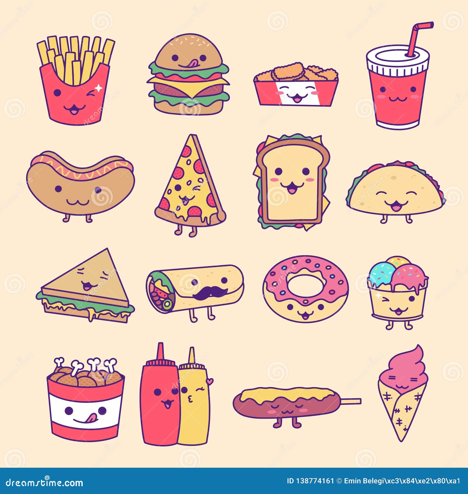 Collection Set of Fast Food, Junk Food, Street Food with Cute Kawaii ...
