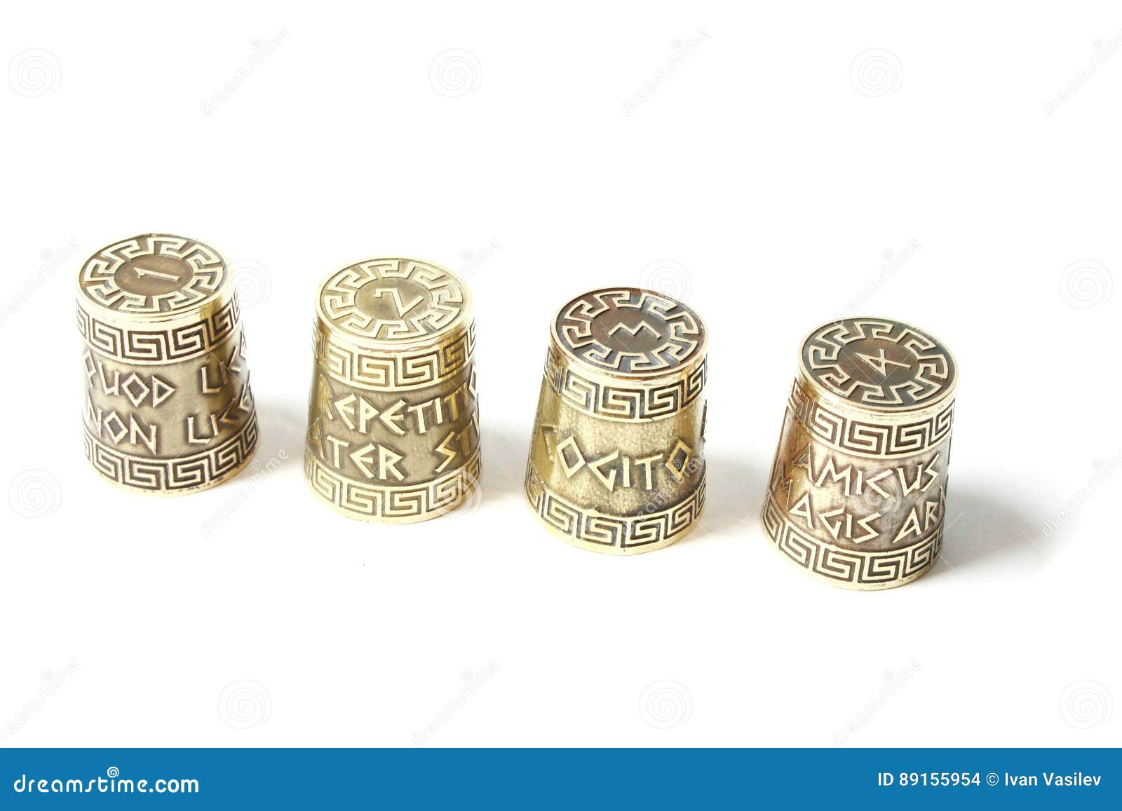 collection set ot four decorative thimbles with etching with greek aphorisms