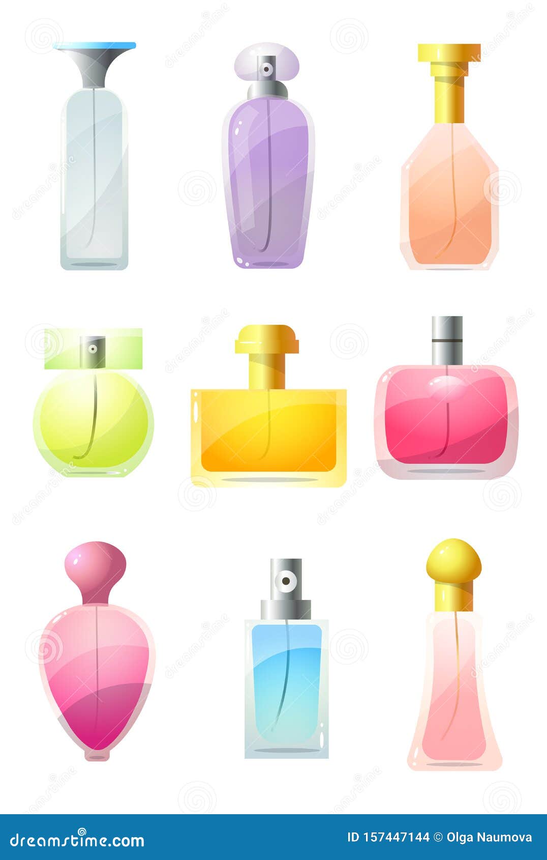 Colorful Set of Perfumed Bottles. Raster Illustration in Flat Cartoon ...