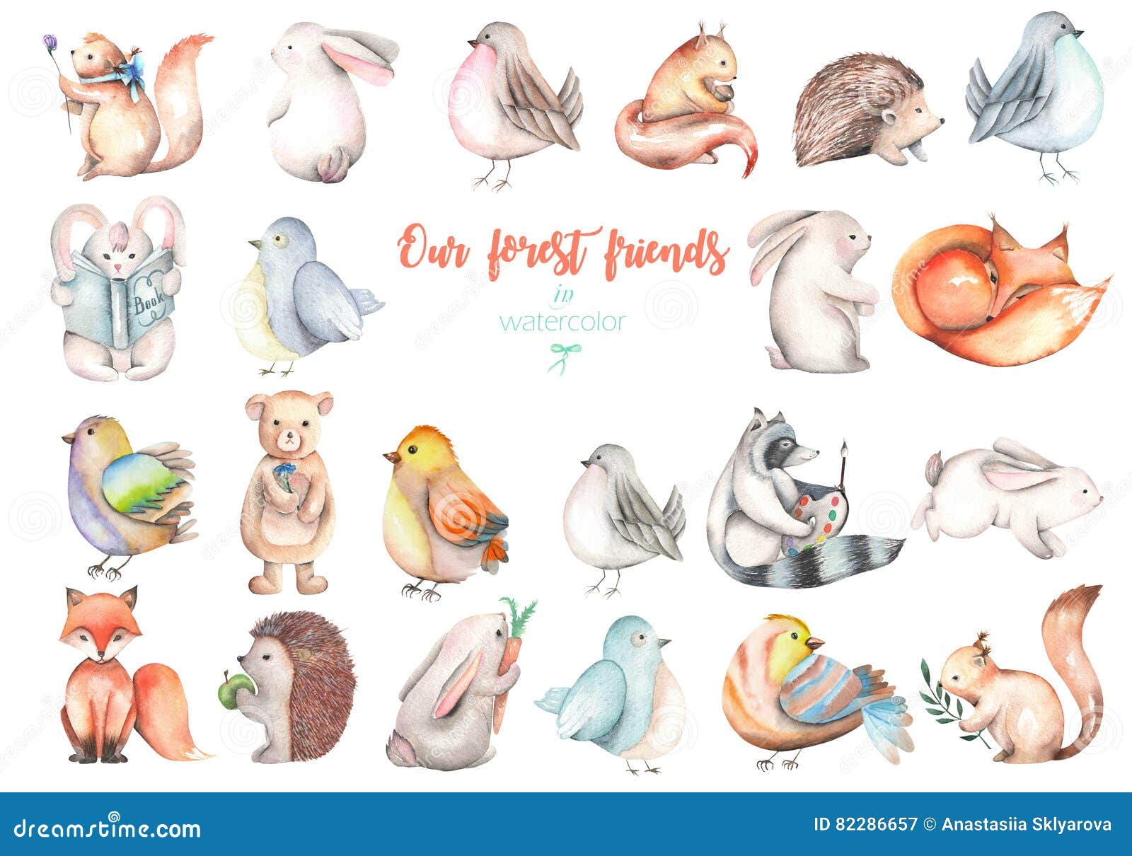 collection, set of watercolor cute forest animals s