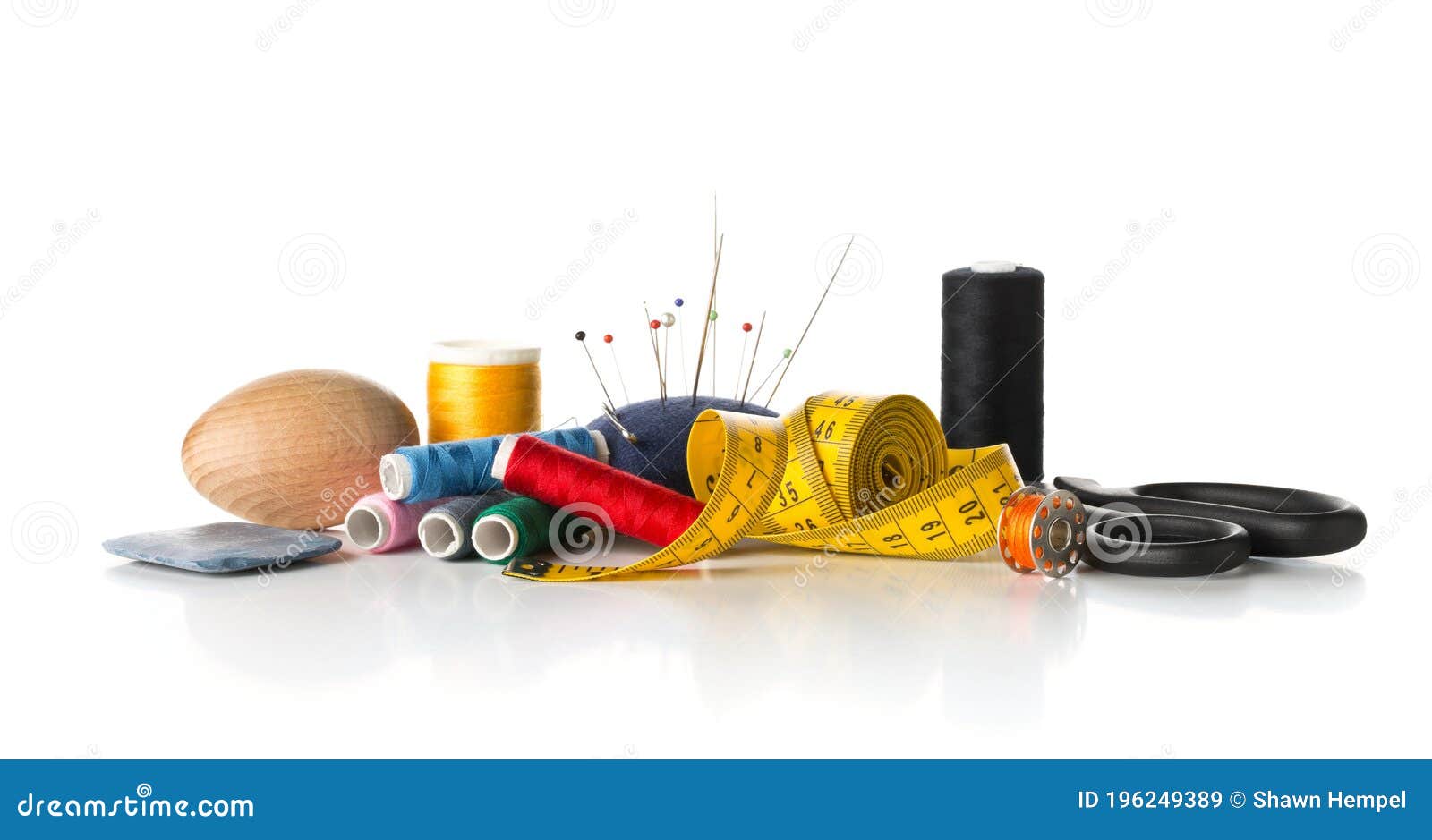 Collection of Sewing Tools with Yarn, Needles, Scissors and Tape ...
