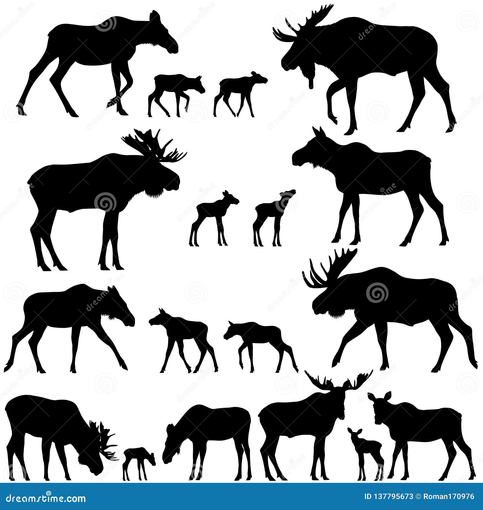 collection of silhouettes of mooses also named elks and its cubs