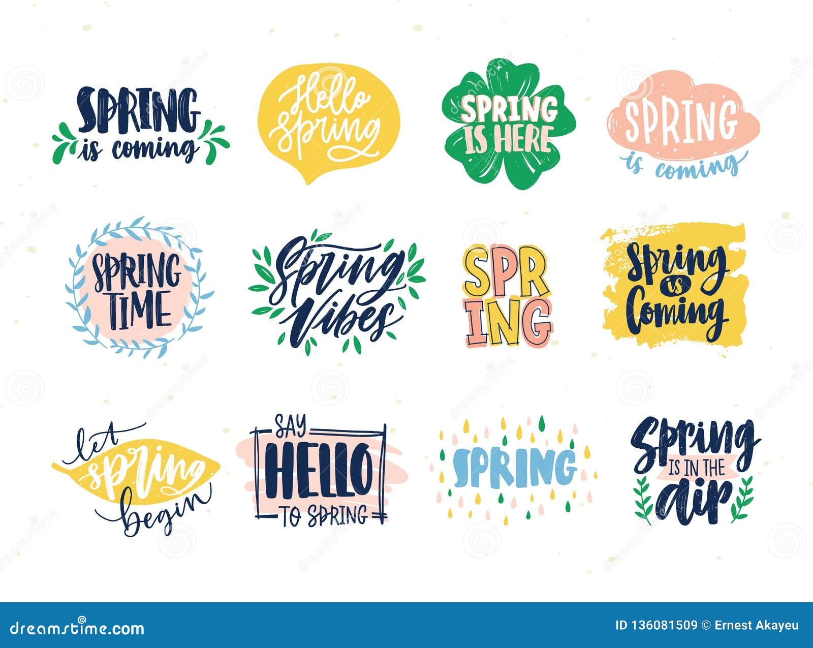 collection of spring slogans or phrases written with creative fonts and decorated by springtime natural s. set of