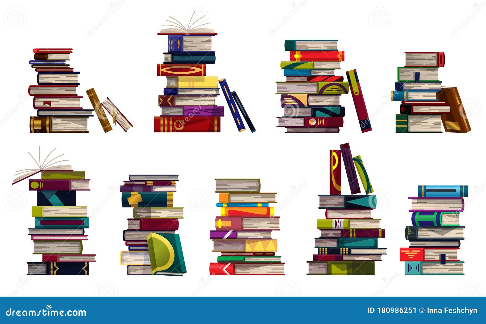 Collection of Stacks with Colorful Books on a White Background. Piles