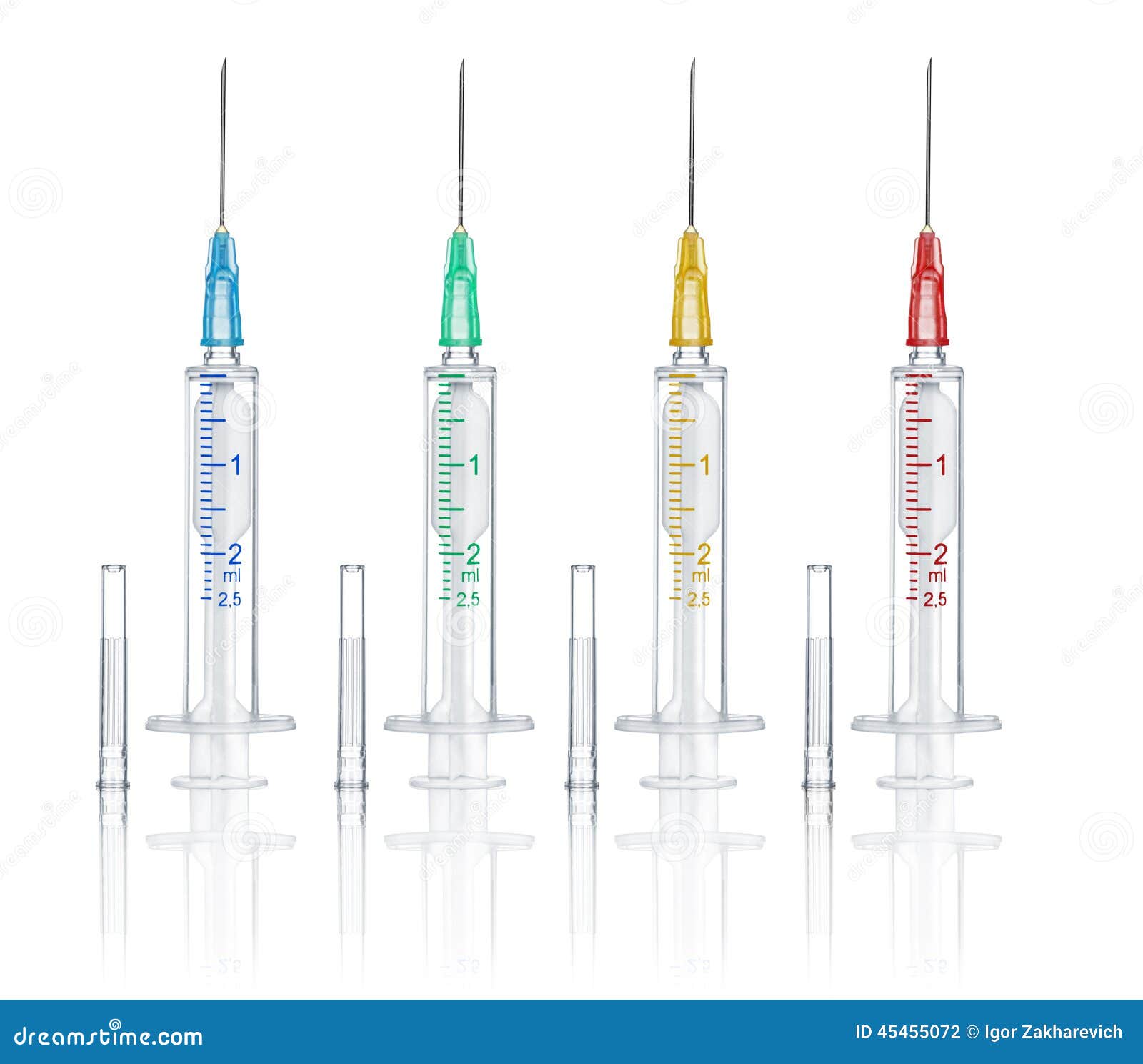 Collection Syringe with Needle and Cover with Reflection Stock Photo