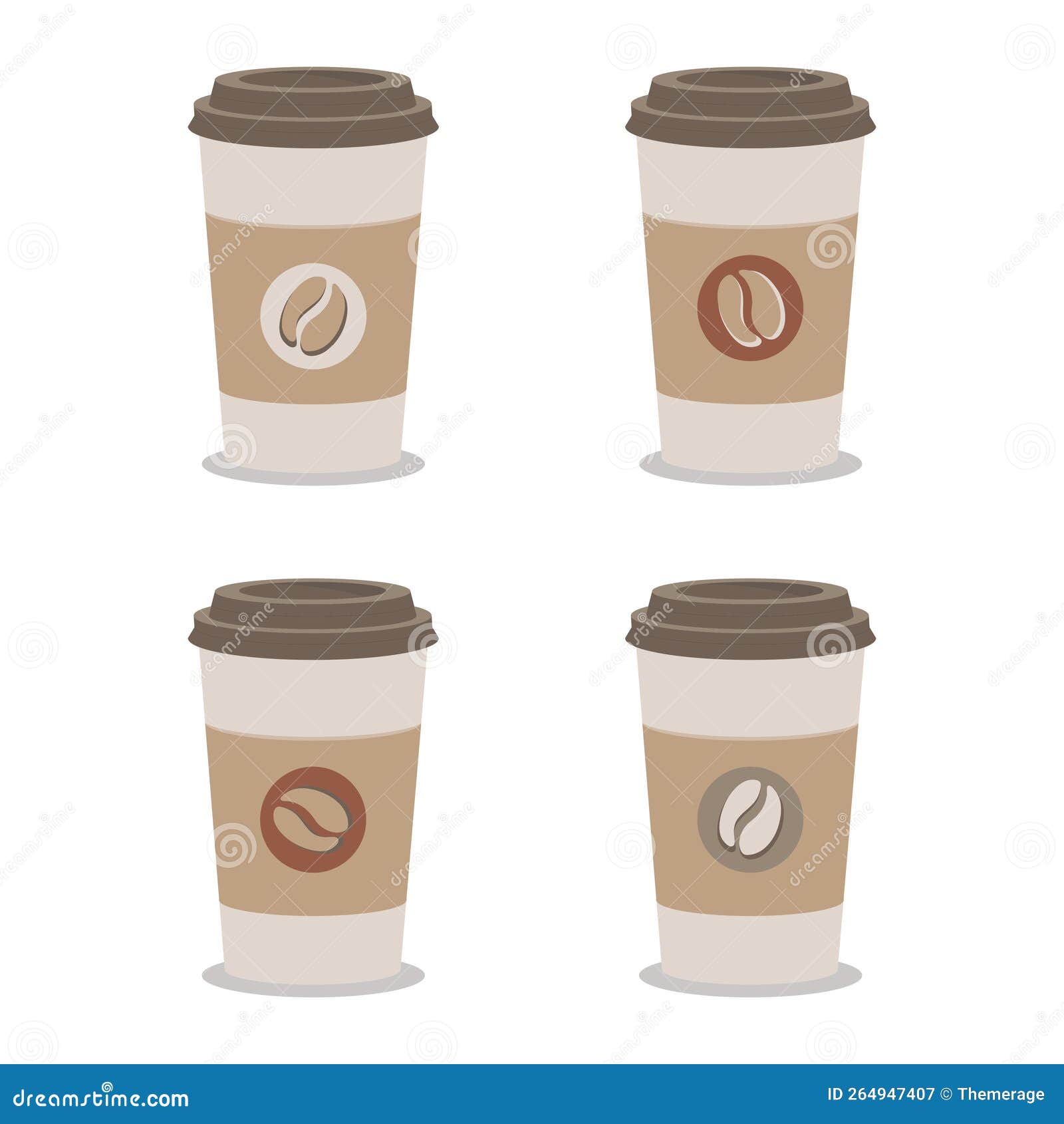 Collection of Takeaway Coffee Cups Made of Flat Paper with Coffee Beans