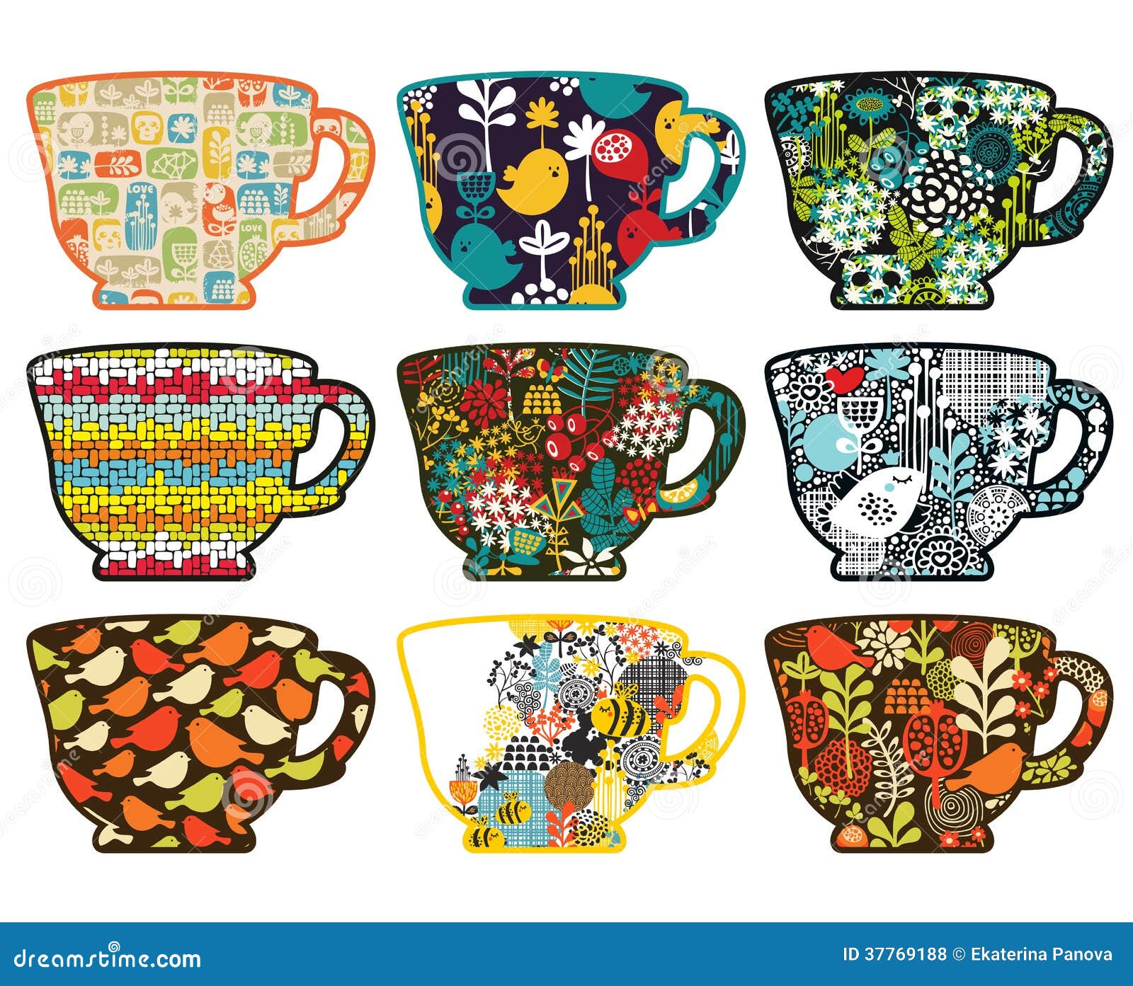 Collection of Tea Cups with Different Patterns. Stock Vector Illustration of dishes, monster
