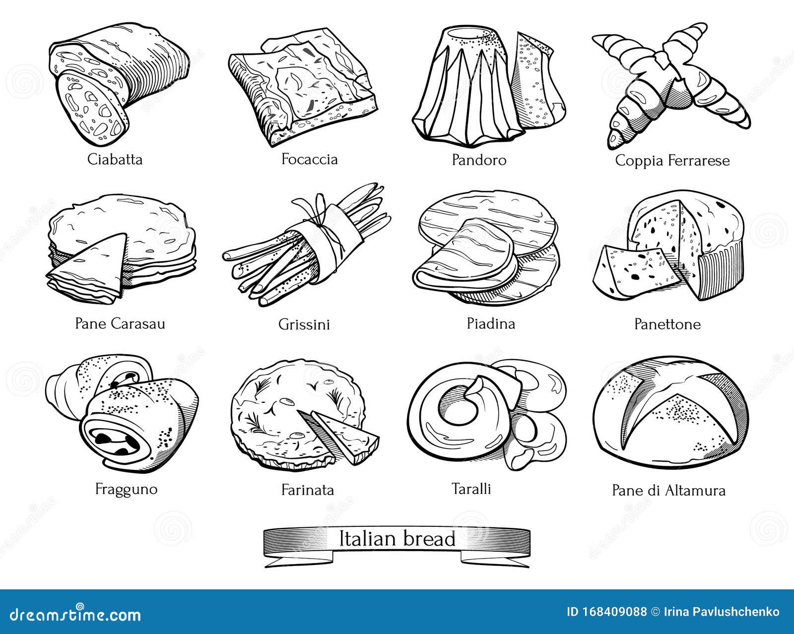 collection of traditional italian types of bread. hand drawn sketch in doodle style