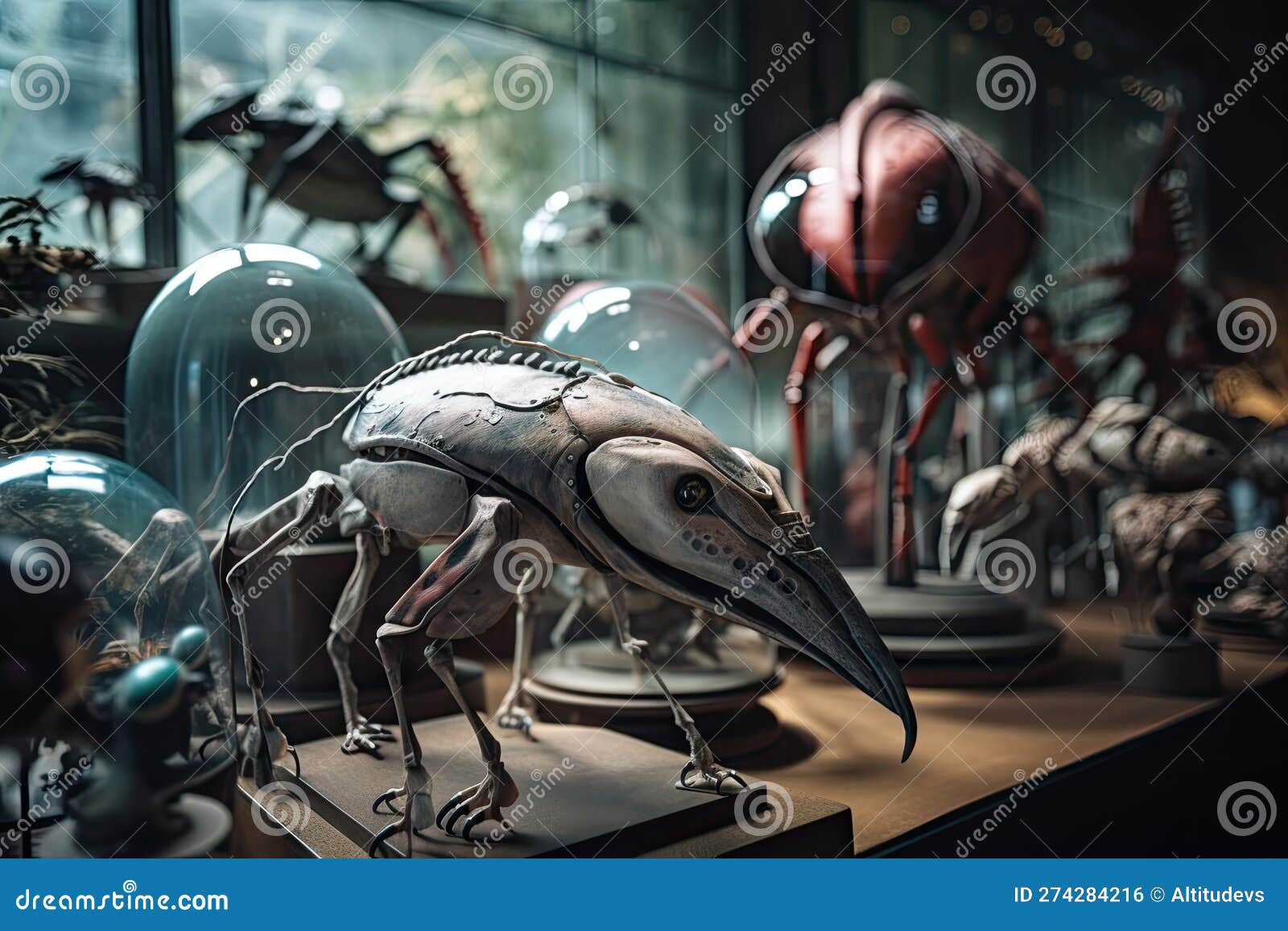 a collection of unusual and alien creatures, displayed in a futuristic zoo
