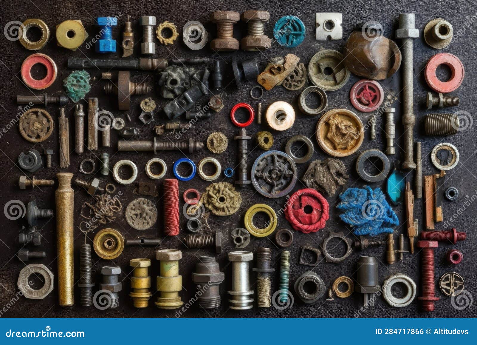 Collection of Various Bike Nuts, Bolts, and Washers Stock Photo Image