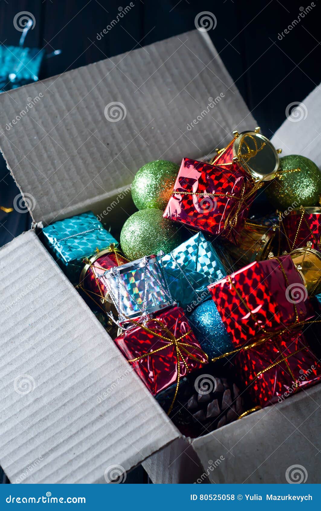 Collection of Various Christmas Decorations, Placed into Cardboard Box Stock Photo Image of