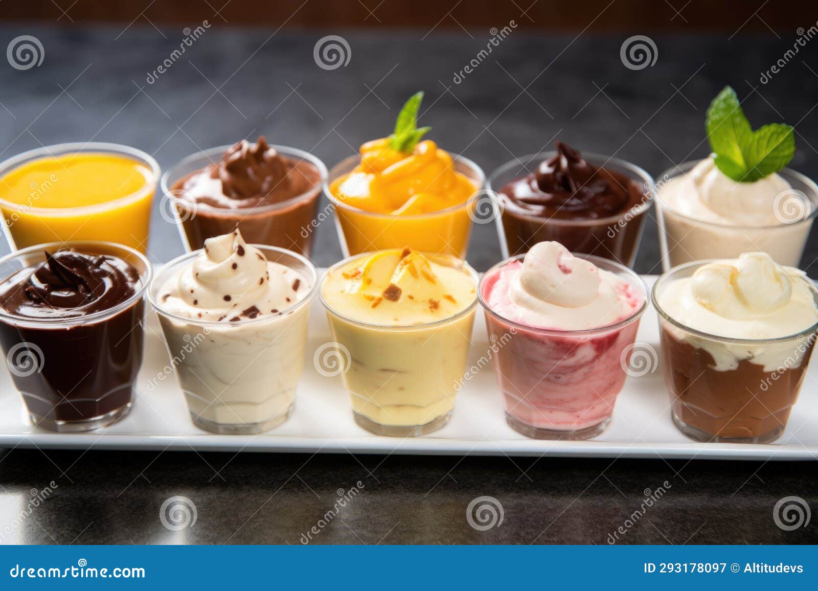 A Collection of Various Pudding Flavors in Small Cups Stock Image