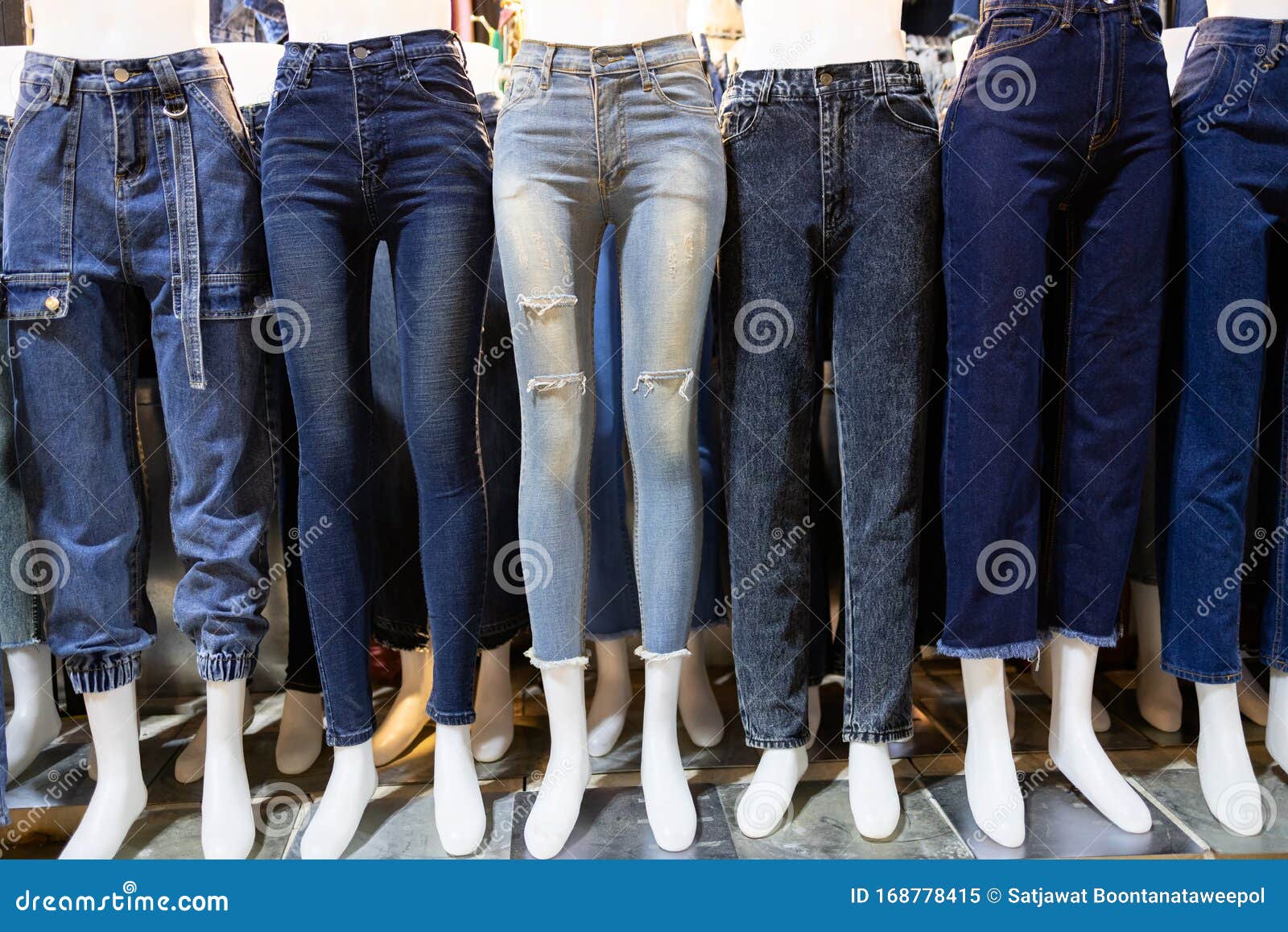 Collection Denim Blue Jeans Cotton Pants Skinny Slim Fit Of Legs Standing  Longer Body Female Lady Woman Girl Raw Fashion With Platform Shoes Black  Front View On Isolated White Background Stock Photo -