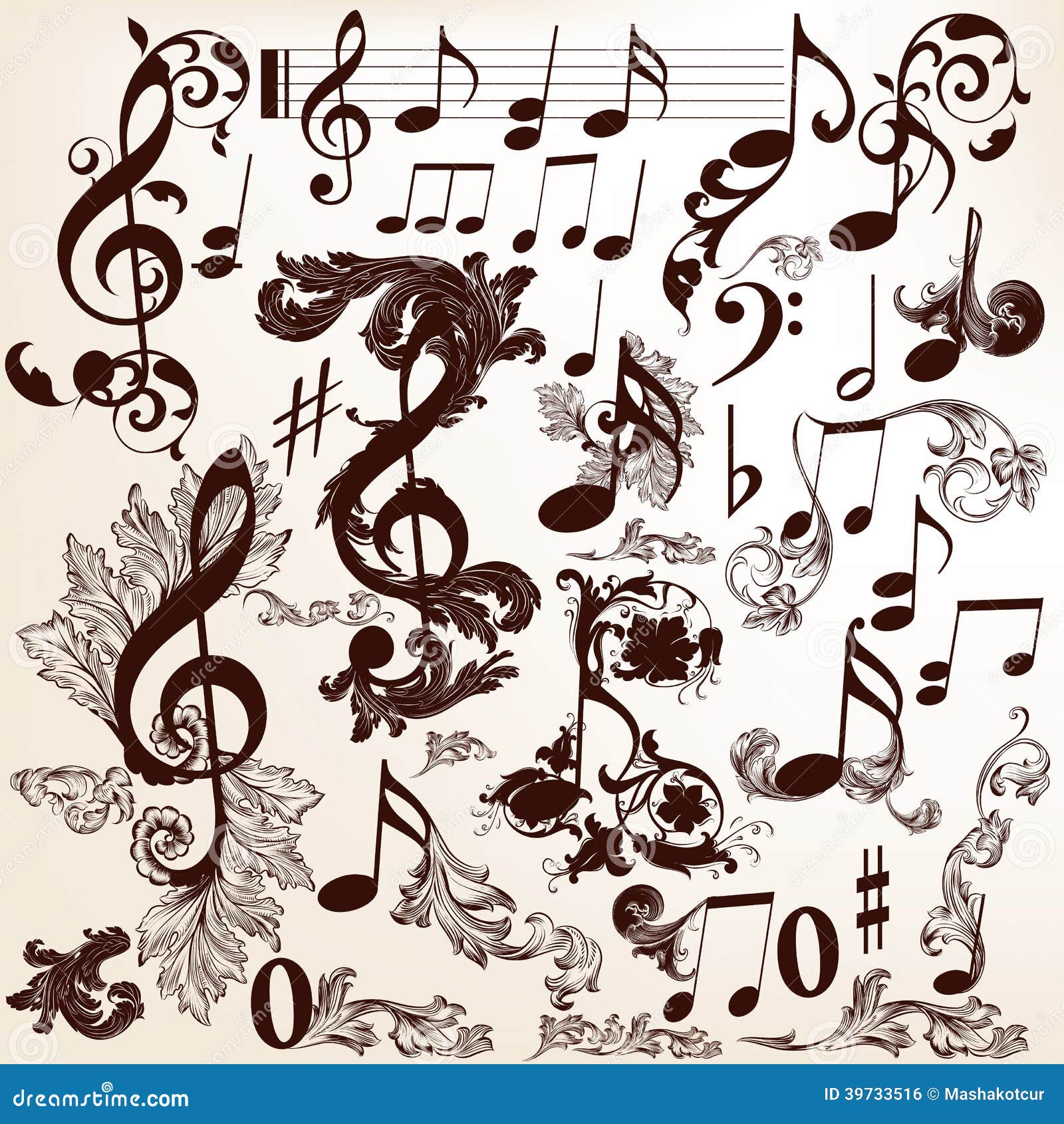 Collection of Vector Decorative Music Elements with Swirls and T Stock