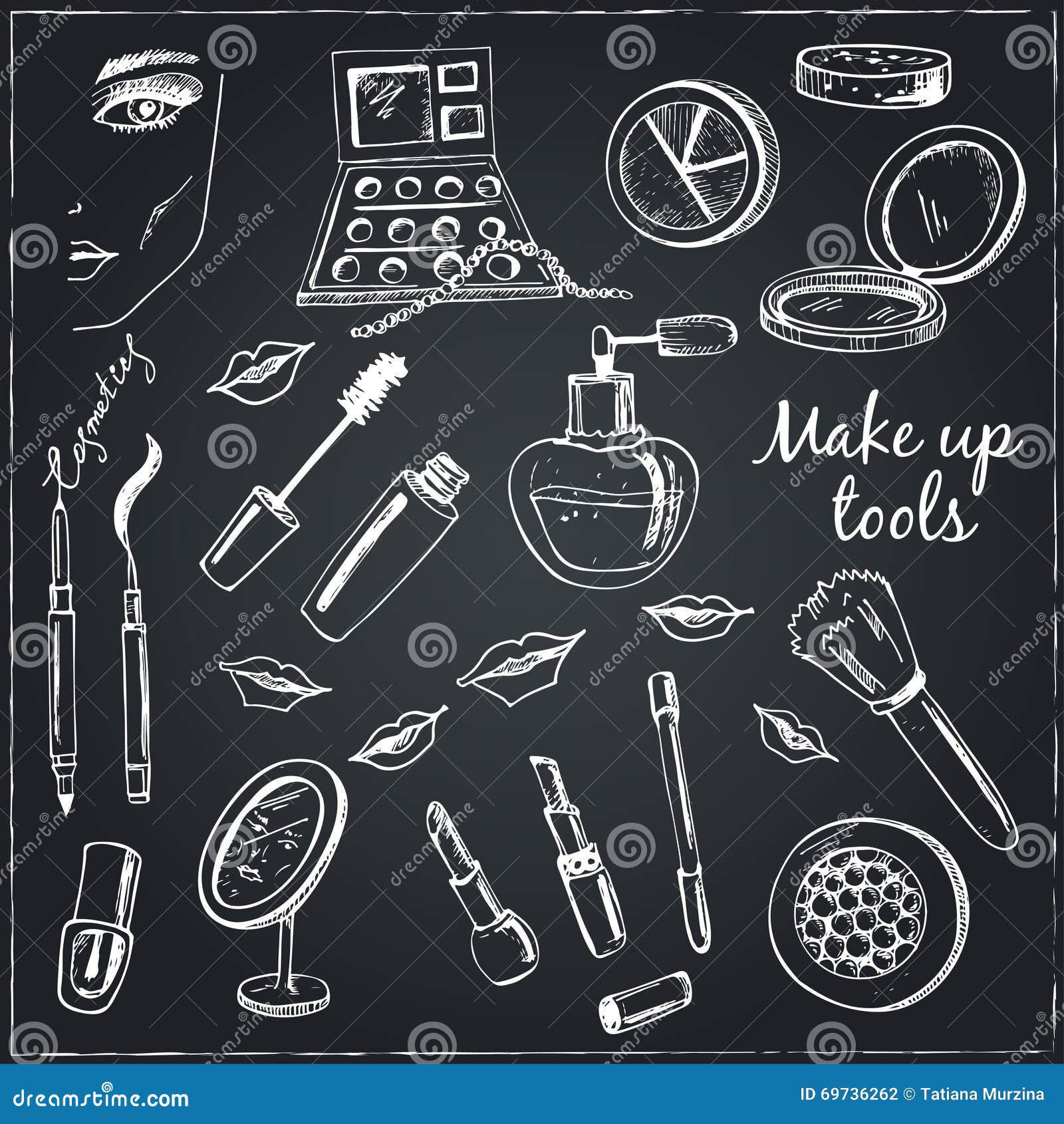 Collection of Vector Hand Drawn Tools for Makeup. Stock Vector
