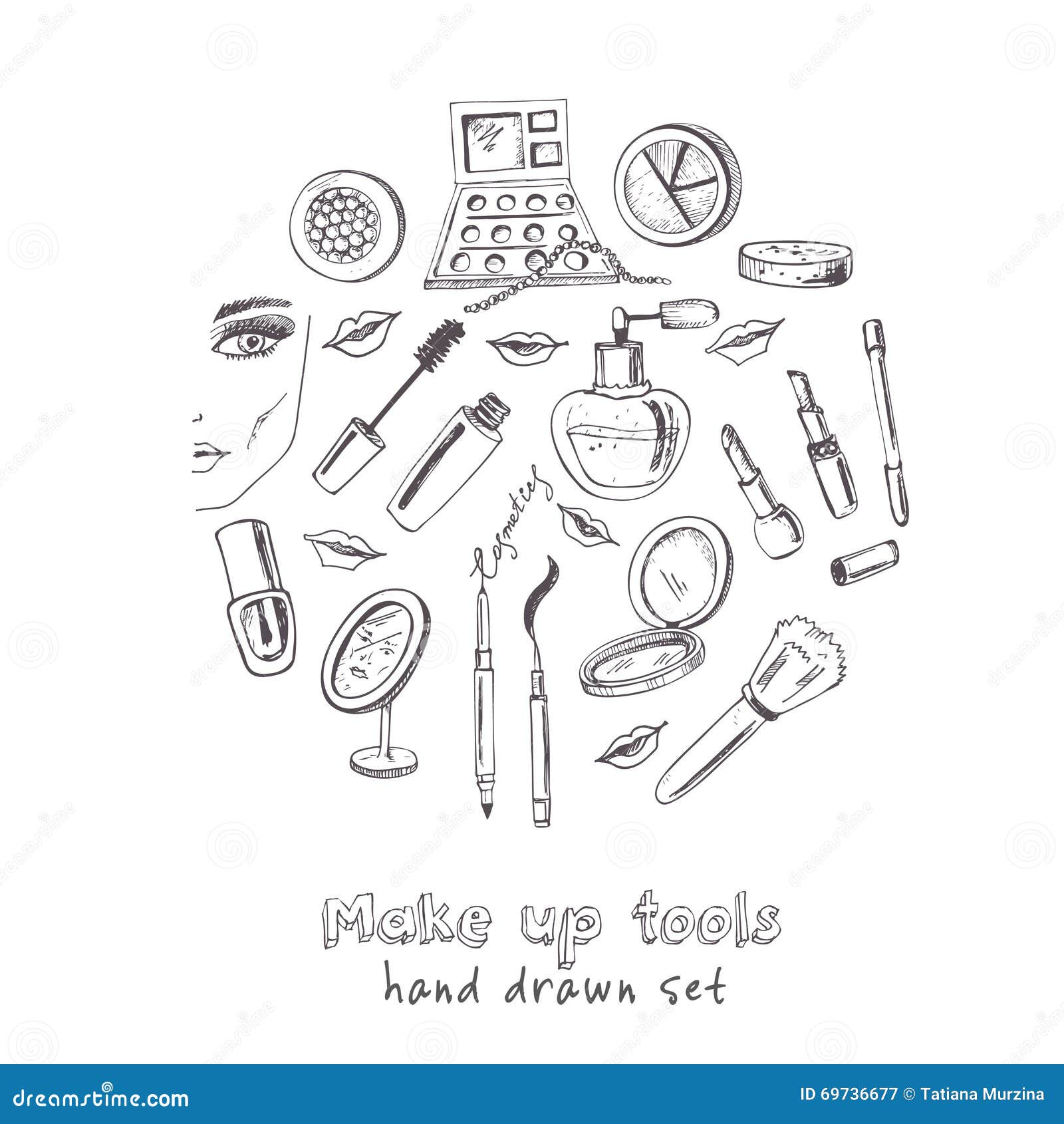 Collection of Vector Hand Drawn Tools for Makeup. Stock Vector