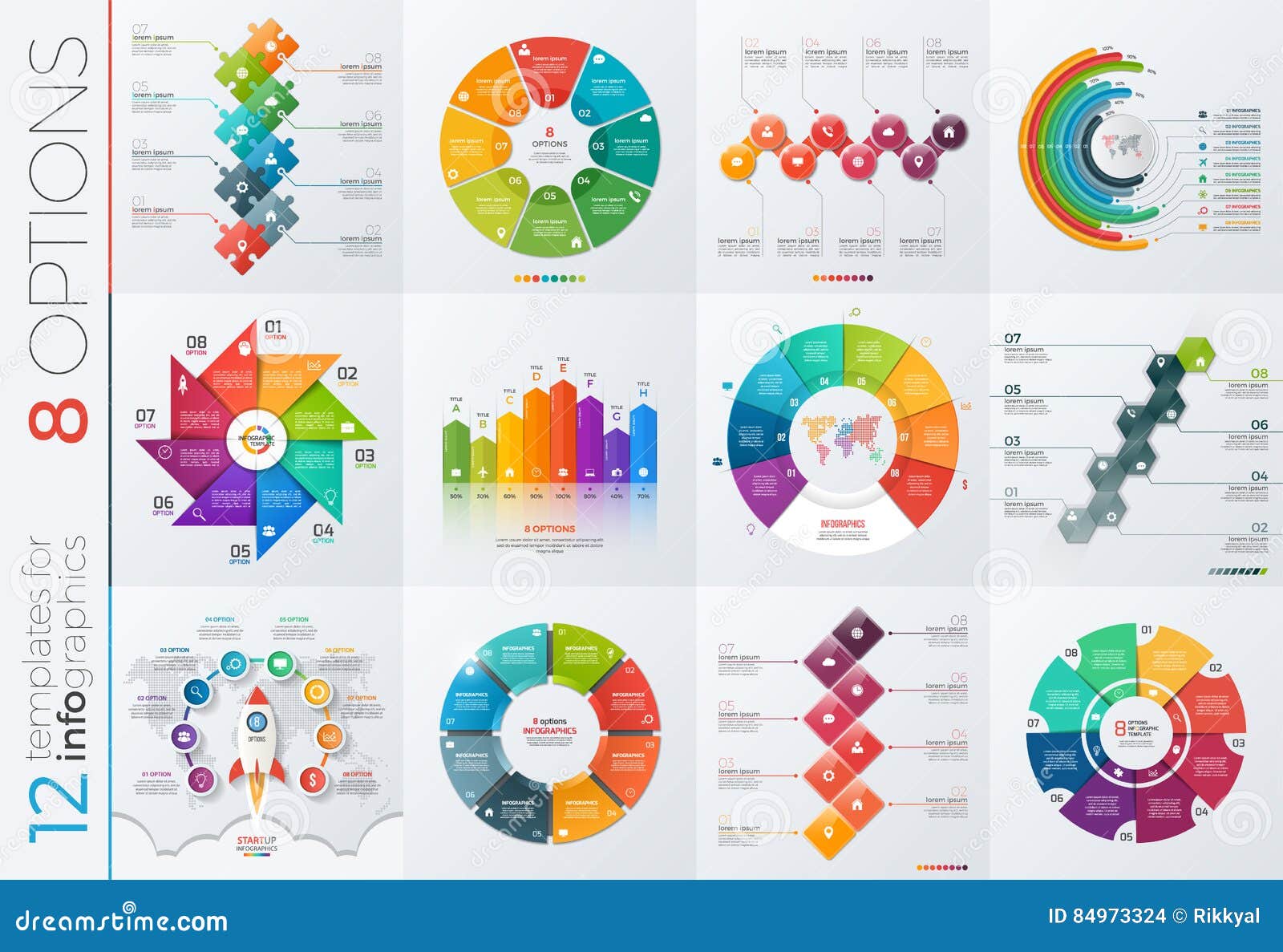 collection of 12  templates for infographics with 8 options