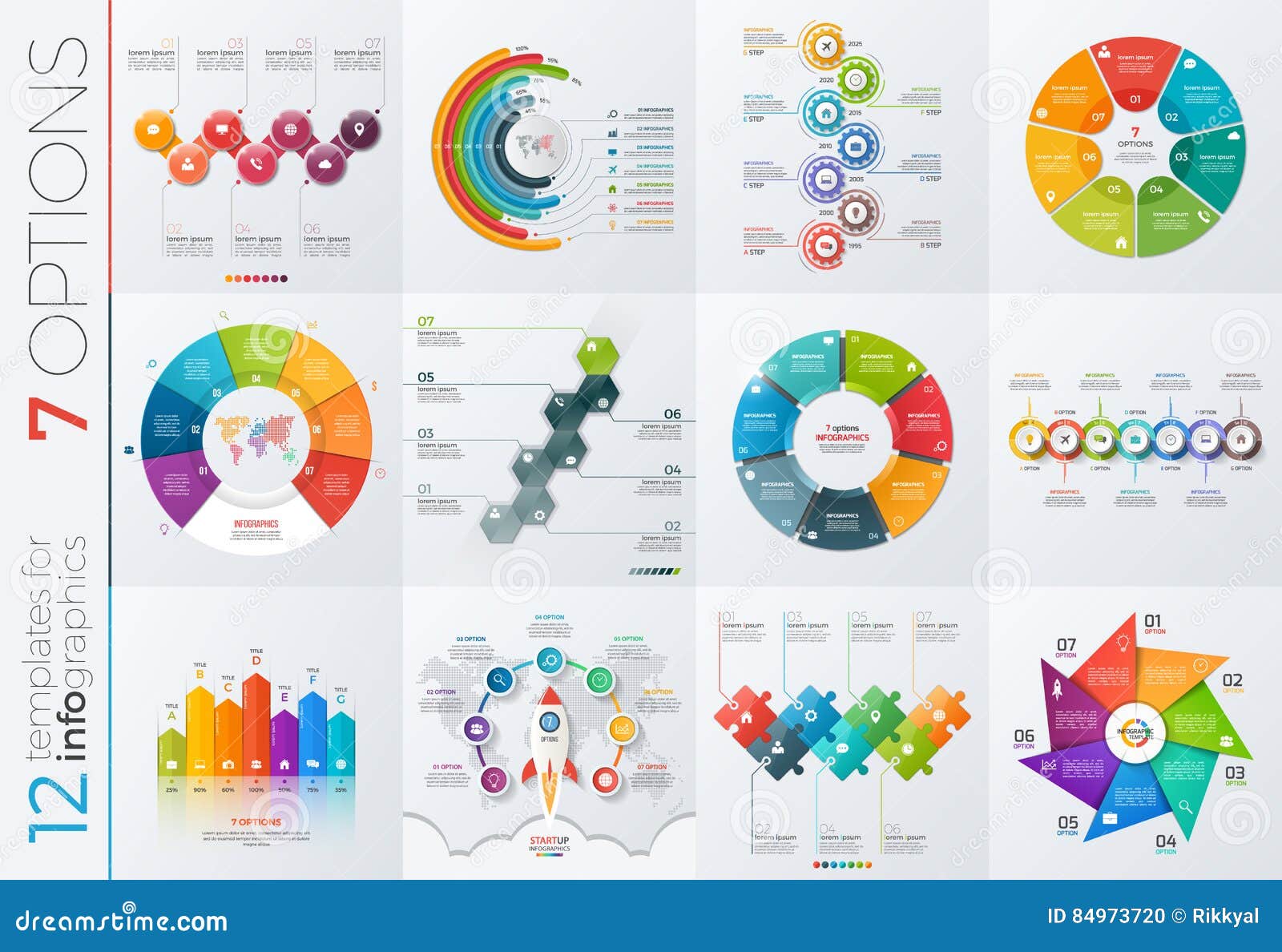 collection of 12  templates for infographics with 7 options