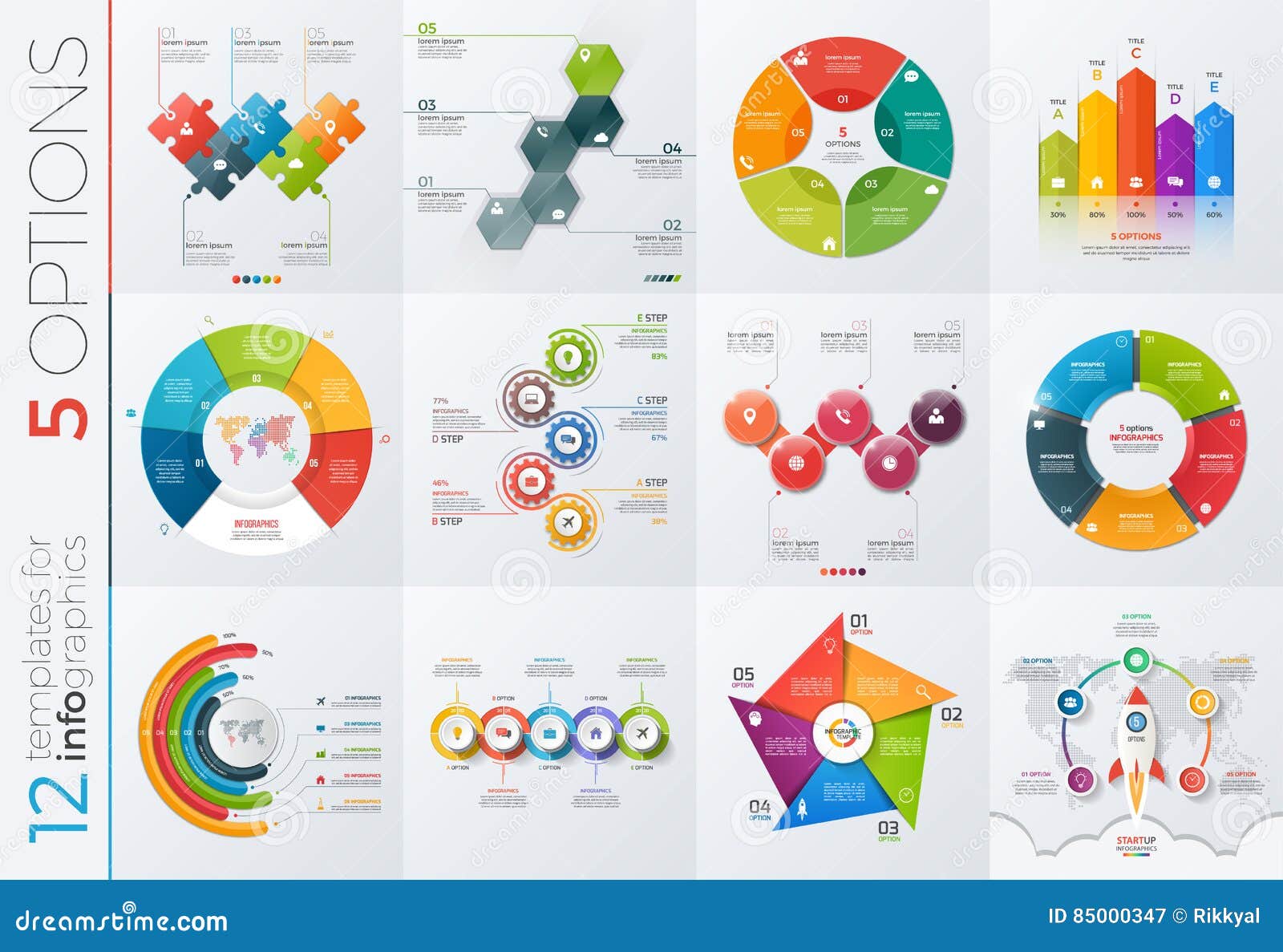 collection of 12  templates for infographics with 5 options