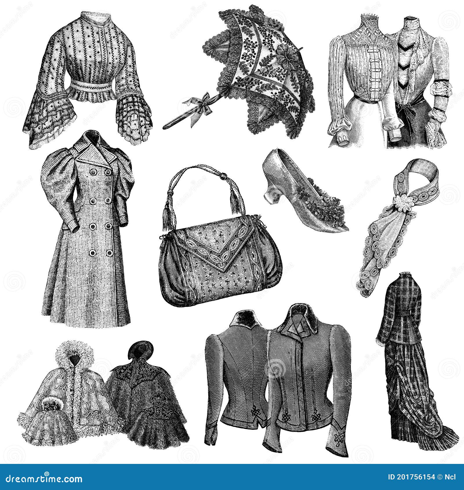 Collection of Victorian Clothes and Accessories Illustrations Stock ...