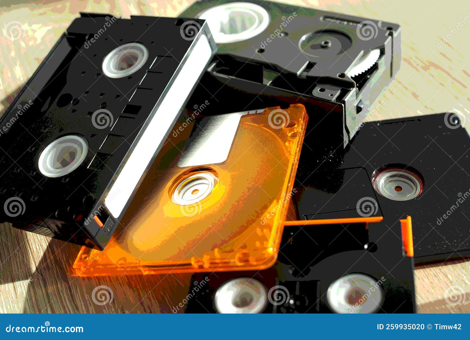 collection of vintage media cartridges, including 8mm data cartridge, vhs-c, minidisc, minidv