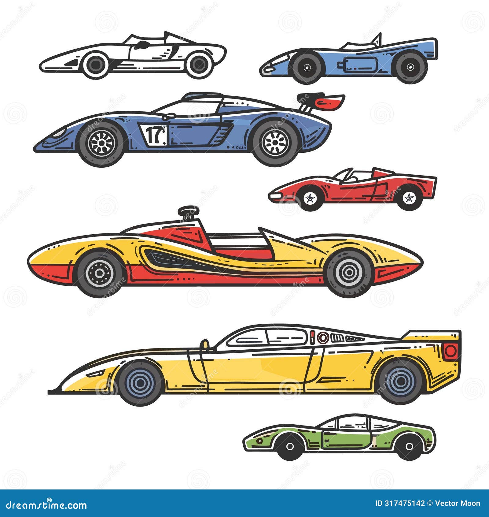 collection vintage race cars, colorful retro racing vehicles, classic speed automobiles