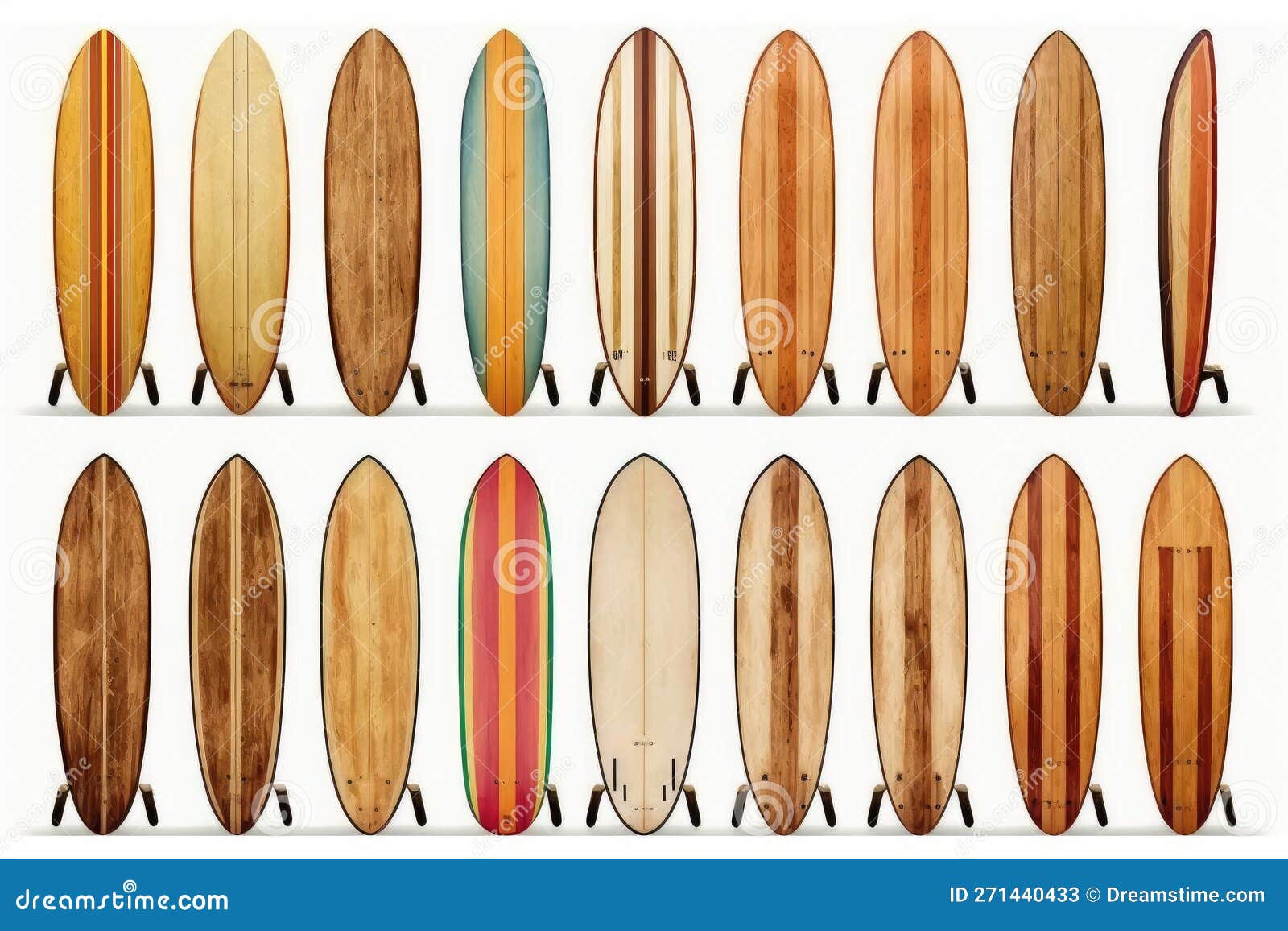 collection of vintage wooden longboard surfboard  for object, retro styles.  on white background.